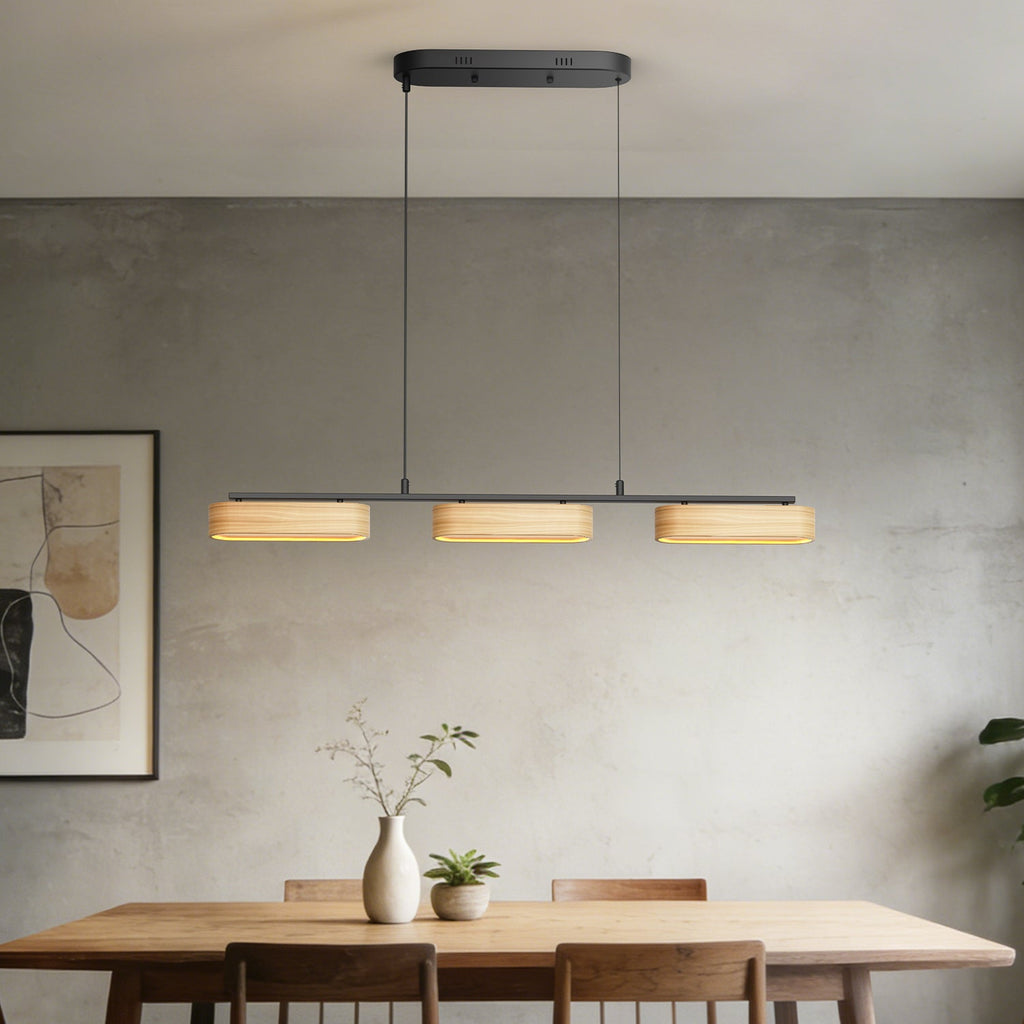 Jandcase 3-Light Farmhouse LED Island Pendant 37.6 in. Matte Black Metal with Oval Wood Shades Dimmable Color Temp 3000-6000K