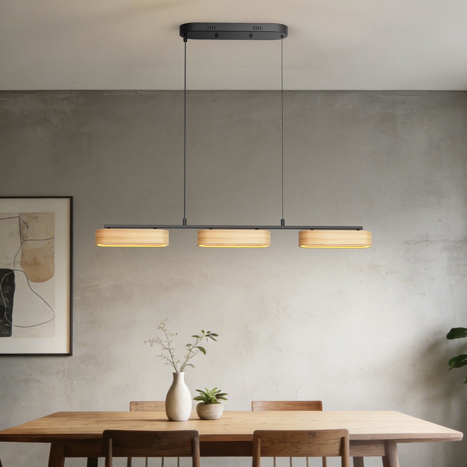 Jandcase 3-Light Farmhouse LED Island Pendant 37.6 in. Matte Black Metal with Oval Wood Shades Dimmable Color Temp 3000-6000K