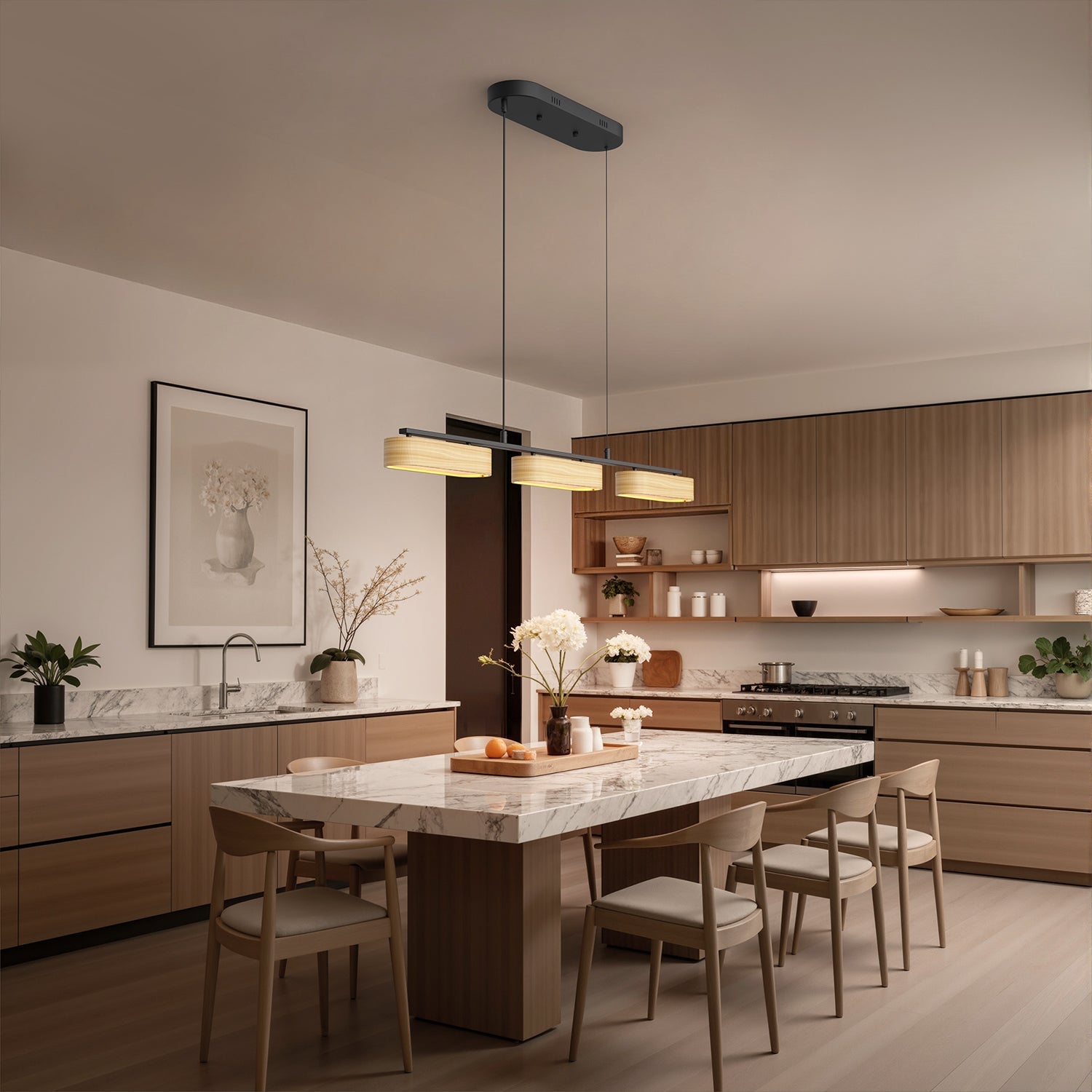 Jandcase 3-Light Farmhouse LED Island Pendant 37.6 in. Matte Black Metal with Oval Wood Shades Dimmable Color Temp 3000-6000K