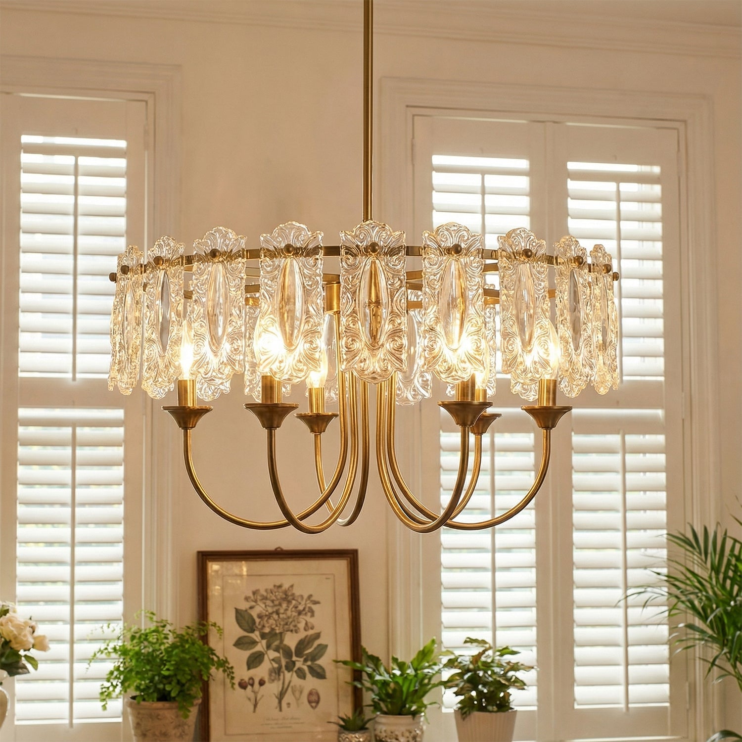 Jandcase Modern 6 Light Natural Copper Chandelier with Clear Glass Drops Shade, No Bulbs Included for Kitchen Island