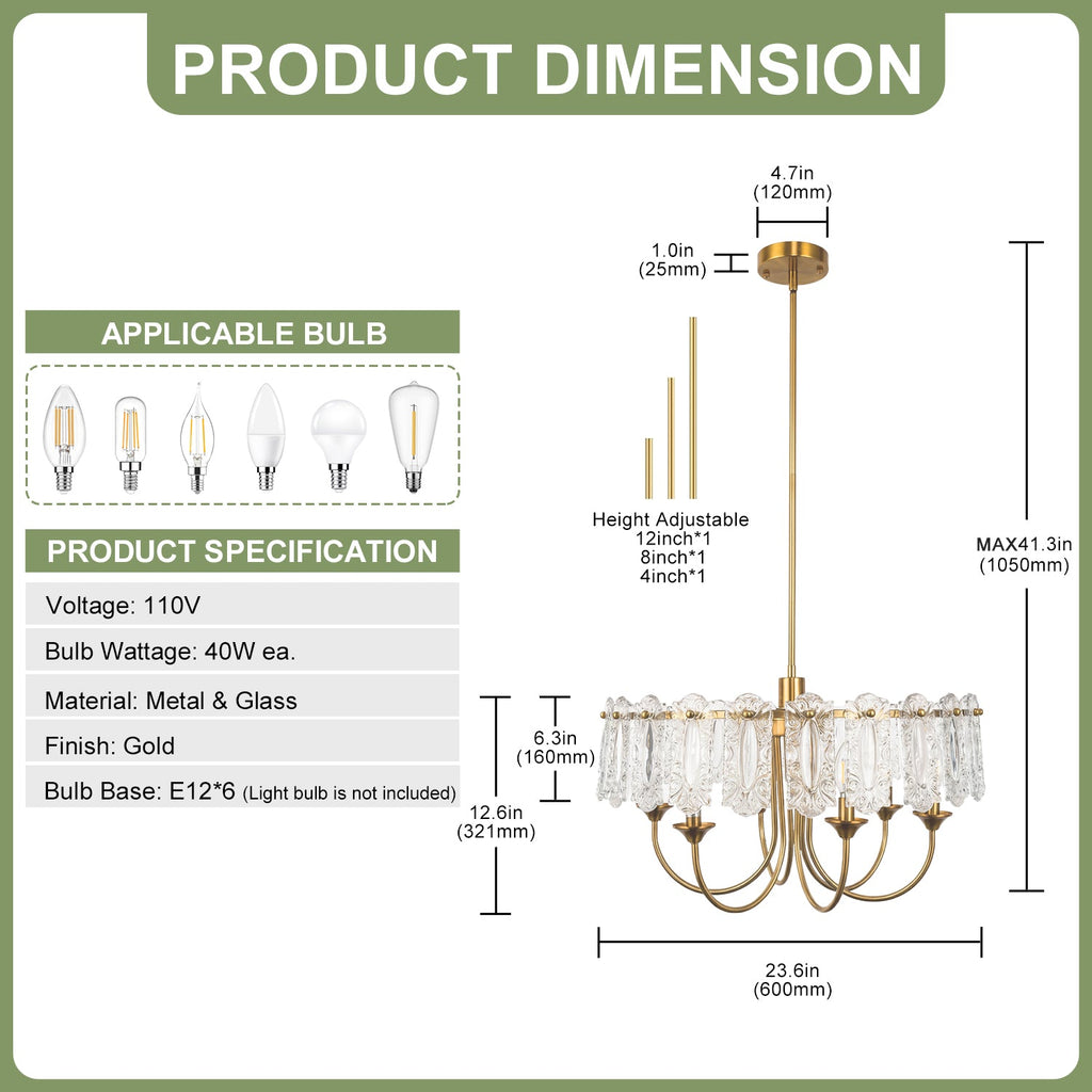 Jandcase Modern 6 Light Natural Copper Chandelier with Clear Glass Drops Shade, No Bulbs Included for Kitchen Island