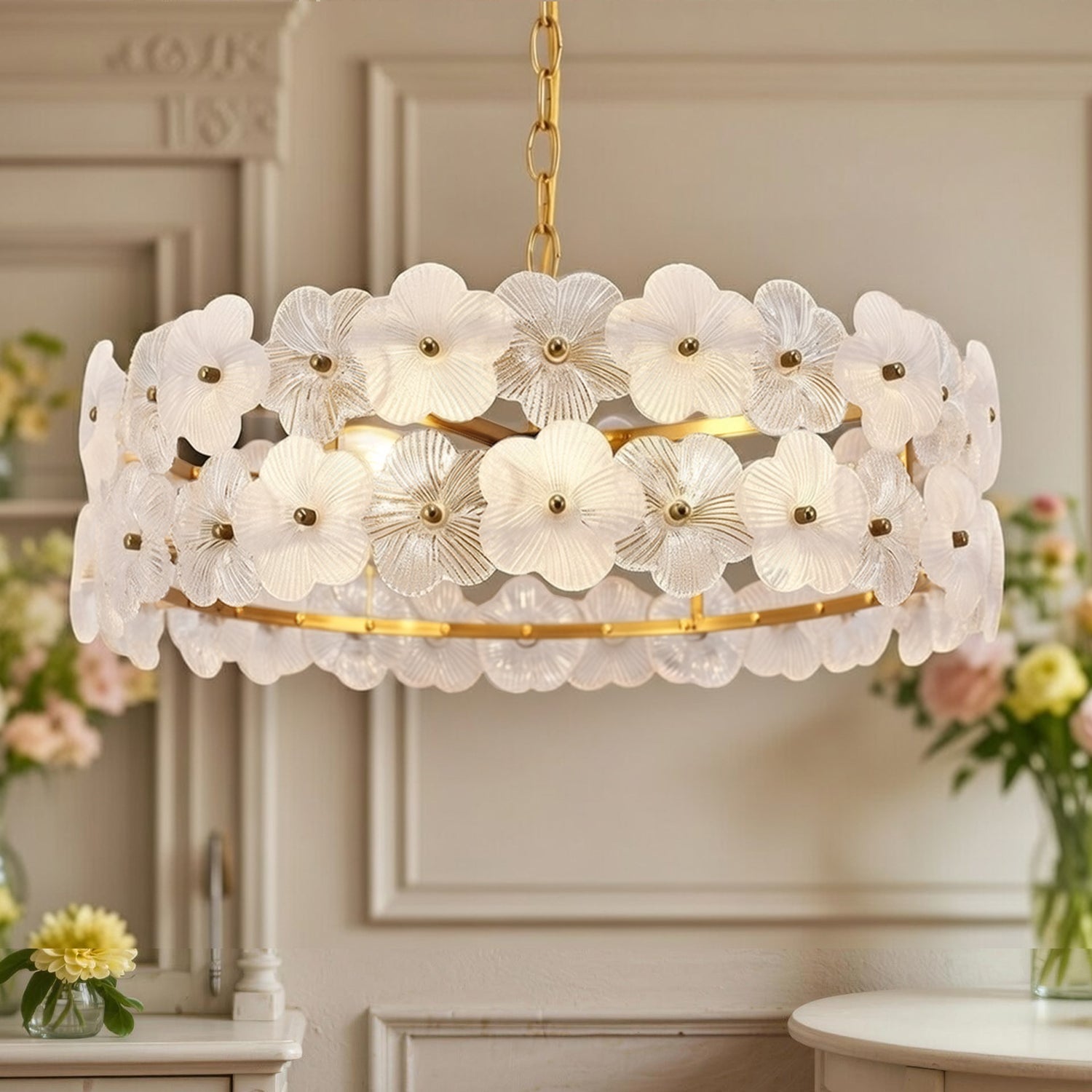 Jandcase 19.7 in. 6-Light Brass Drum Integrated LED Chandelier with Frosted Glass Panels, Modern E12 Pendant Light Fixture