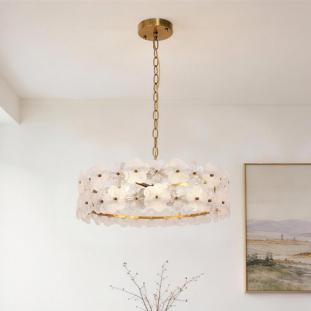 Jandcase 19.7 in. 6-Light Brass Drum Integrated LED Chandelier with Frosted Glass Panels, Modern E12 Pendant Light Fixture