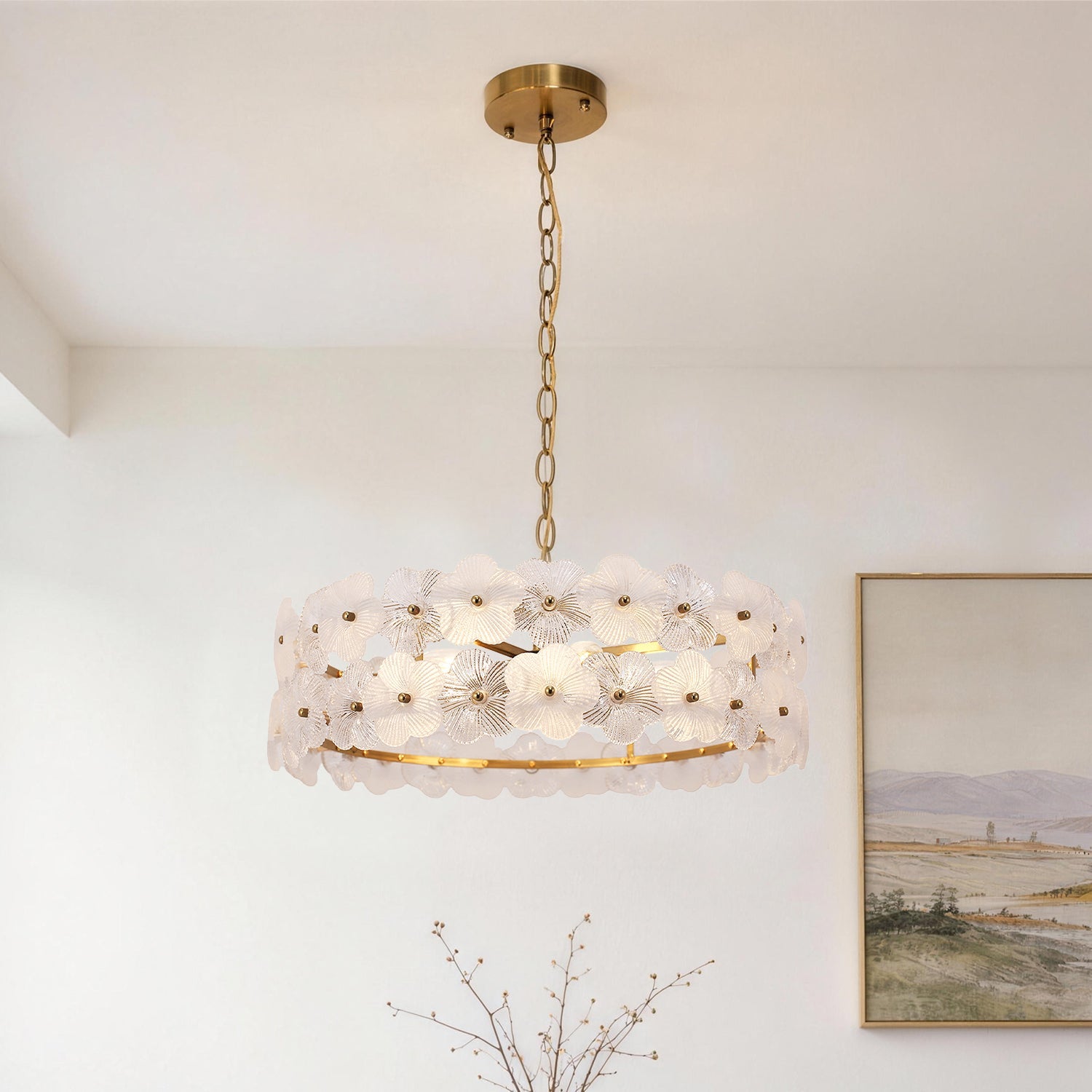 Jandcase 19.7 in. 6-Light Brass Drum Integrated LED Chandelier with Frosted Glass Panels, Modern E12 Pendant Light Fixture
