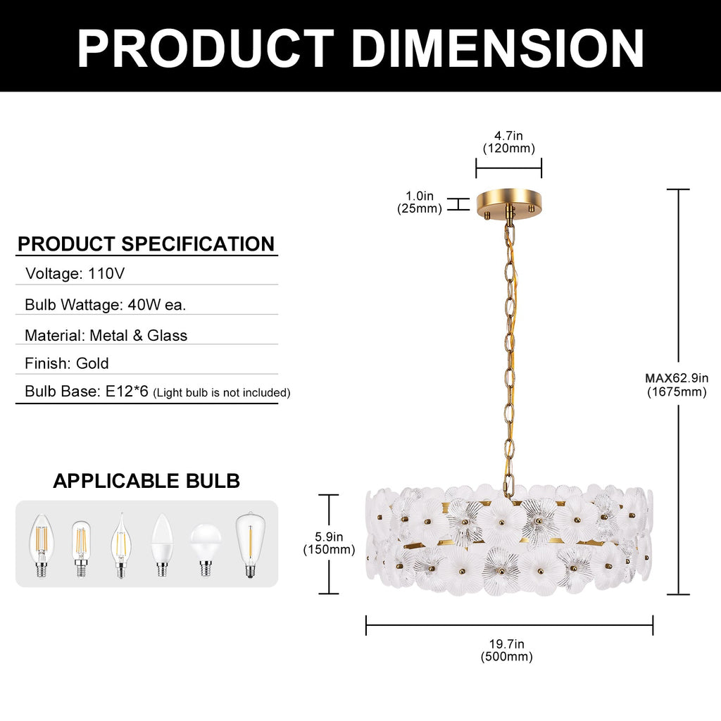 Jandcase 19.7 in. 6-Light Brass Drum Integrated LED Chandelier with Frosted Glass Panels, Modern E12 Pendant Light Fixture