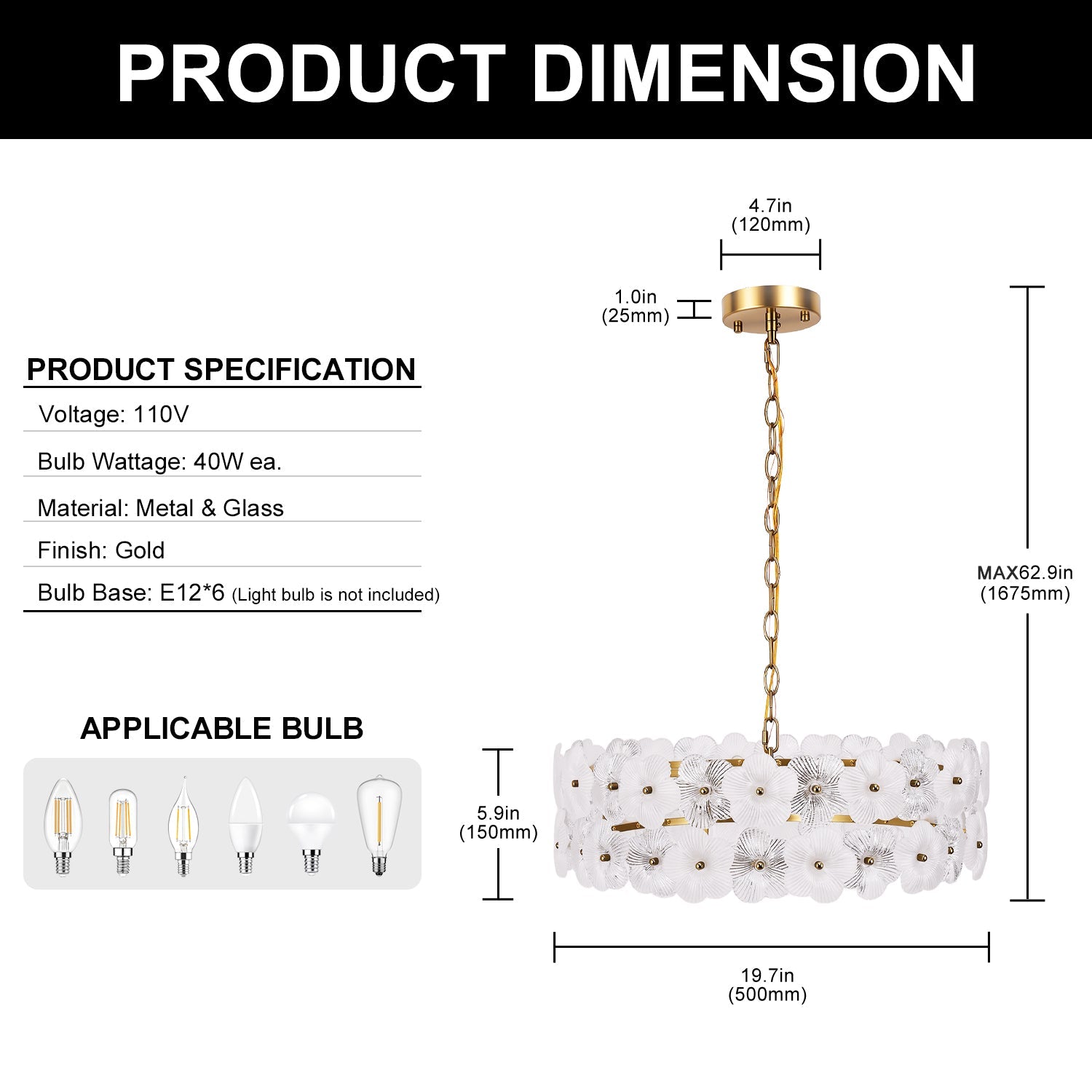 Jandcase 19.7 in. 6-Light Brass Drum Integrated LED Chandelier with Frosted Glass Panels, Modern E12 Pendant Light Fixture