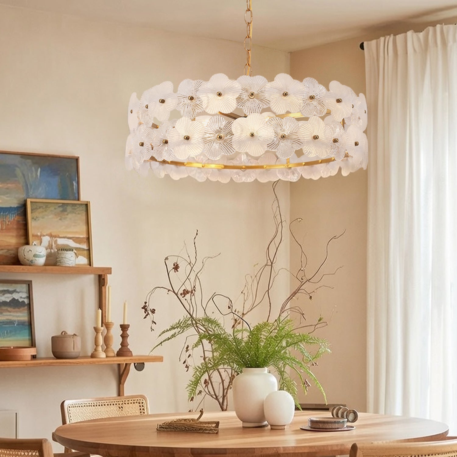 Jandcase 19.7 in. 6-Light Brass Drum Integrated LED Chandelier with Frosted Glass Panels, Modern E12 Pendant Light Fixture
