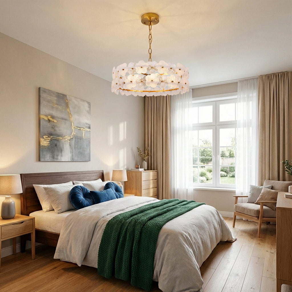 Jandcase 19.7 in. 6-Light Brass Drum Integrated LED Chandelier with Frosted Glass Panels, Modern E12 Pendant Light Fixture