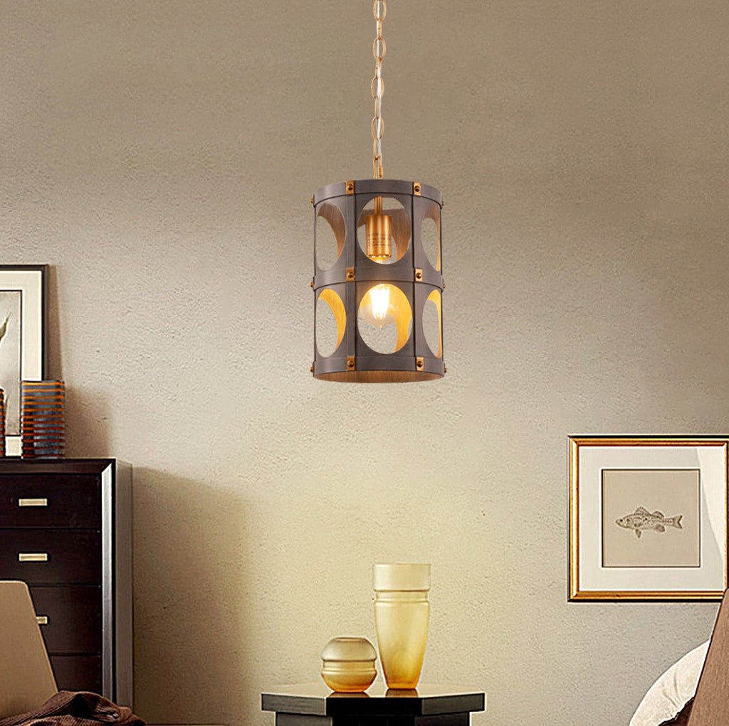 Jandcase 1-Light Wood Grain Pendant Light with Gold Rivet Accent Modern Hanging Ceiling Light E26 for Kitchen Dining Room Bedroom