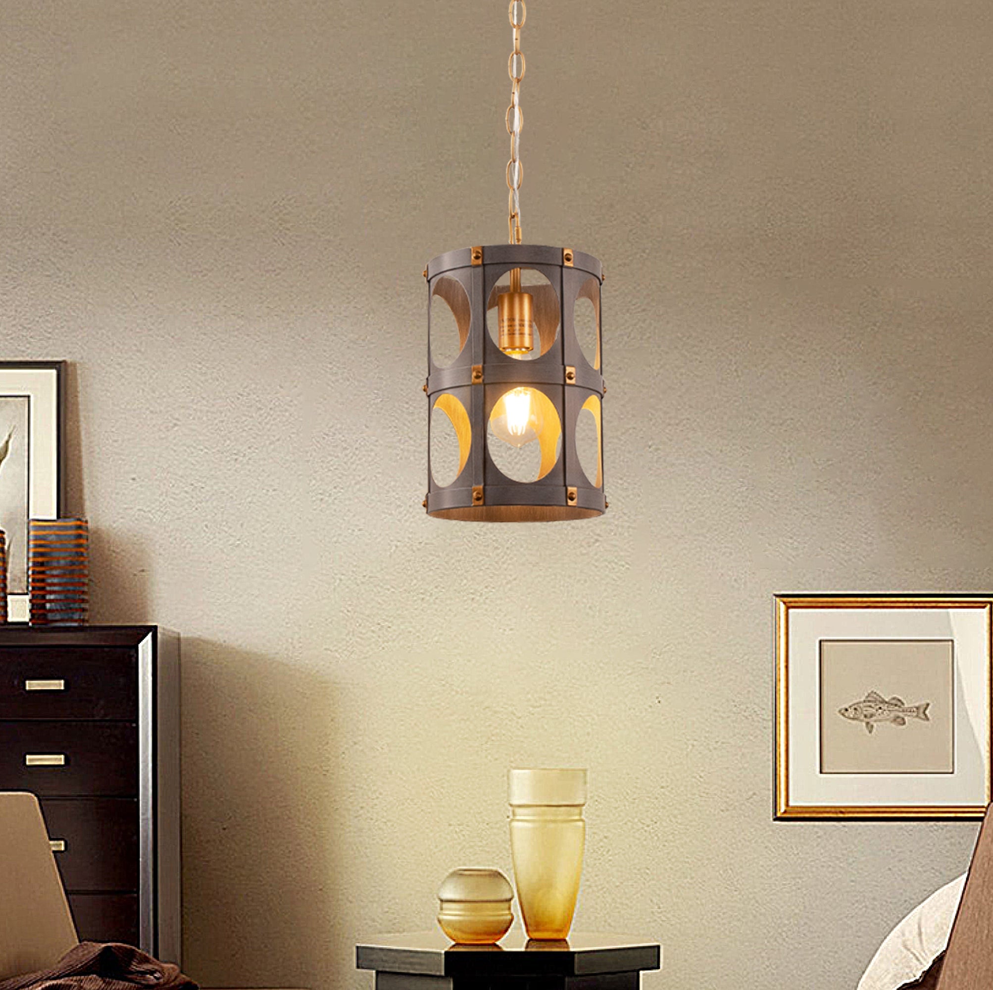 Jandcase 1-Light Wood Grain Pendant Light with Gold Rivet Accent Modern Hanging Ceiling Light E26 for Kitchen Dining Room Bedroom