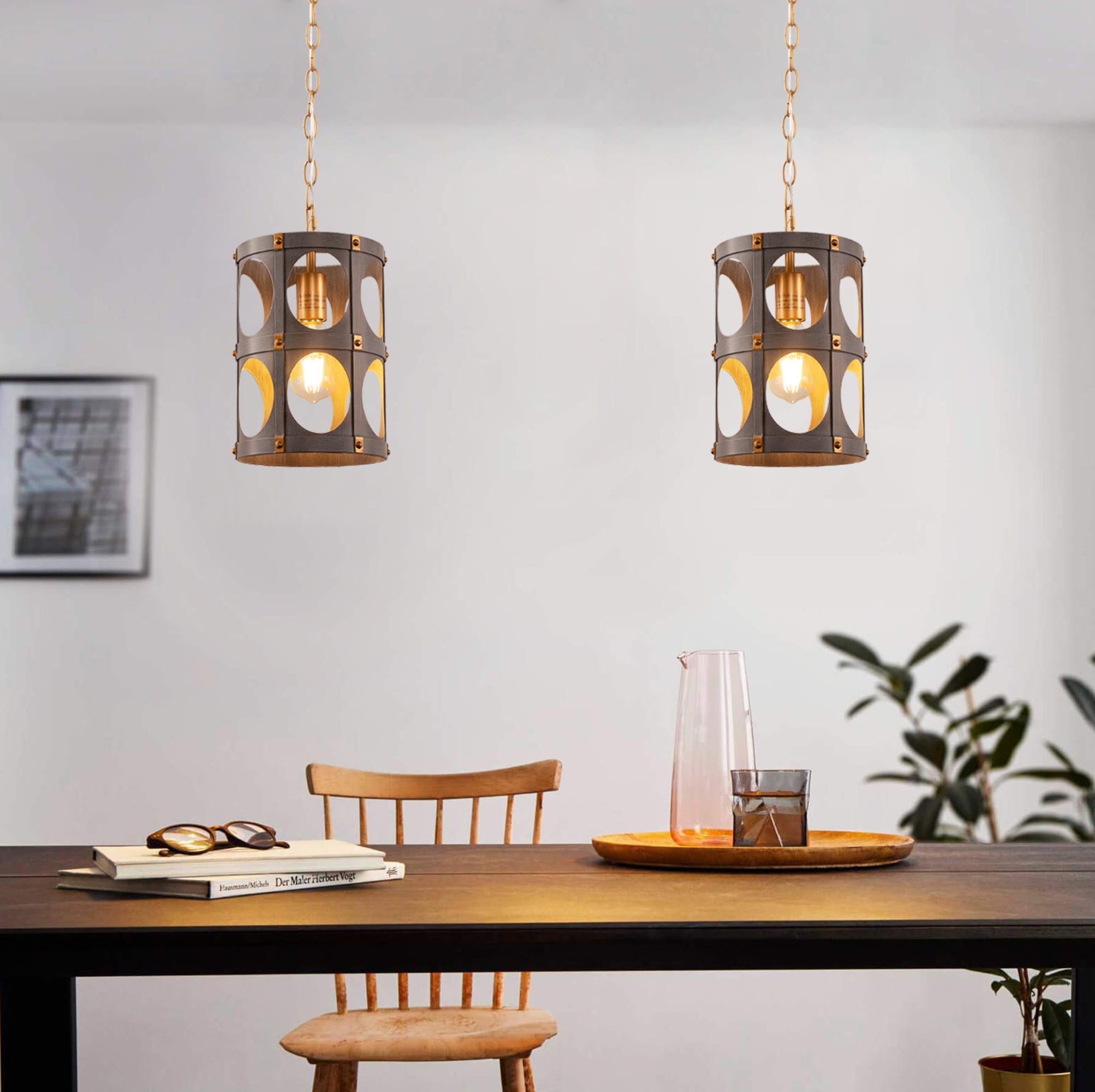 Jandcase 1-Light Wood Grain Pendant Light with Gold Rivet Accent Modern Hanging Ceiling Light E26 for Kitchen Dining Room Bedroom