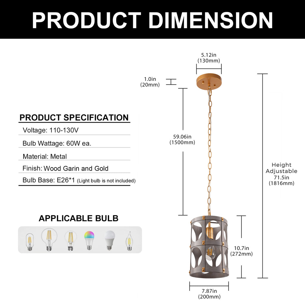 Jandcase 1-Light Wood Grain Pendant Light with Gold Rivet Accent Modern Hanging Ceiling Light E26 for Kitchen Dining Room Bedroom