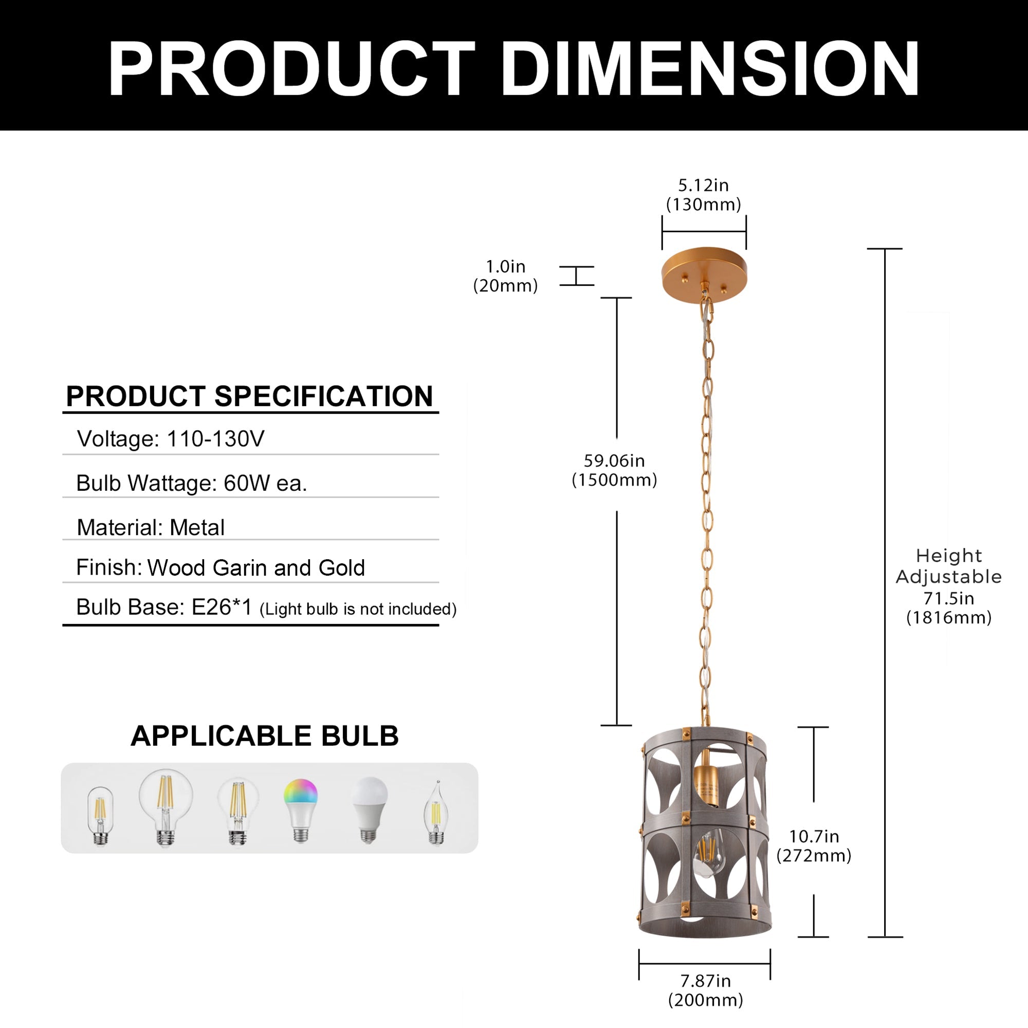 Jandcase 1-Light Wood Grain Pendant Light with Gold Rivet Accent Modern Hanging Ceiling Light E26 for Kitchen Dining Room Bedroom
