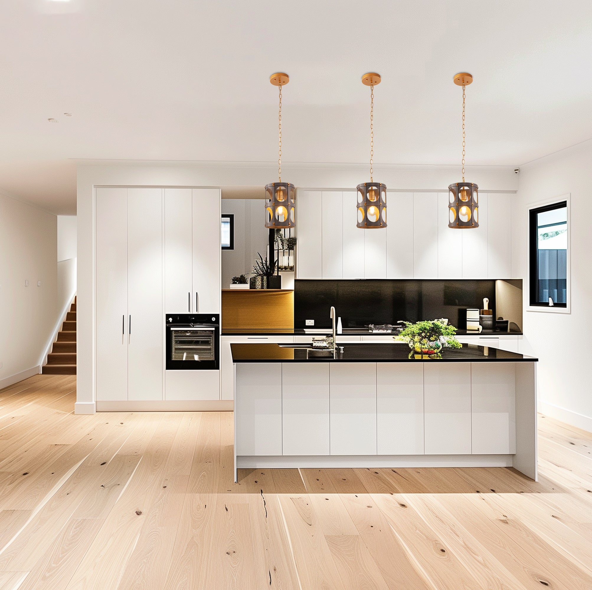 Jandcase 1-Light Wood Grain Pendant Light with Gold Rivet Accent Modern Hanging Ceiling Light E26 for Kitchen Dining Room Bedroom