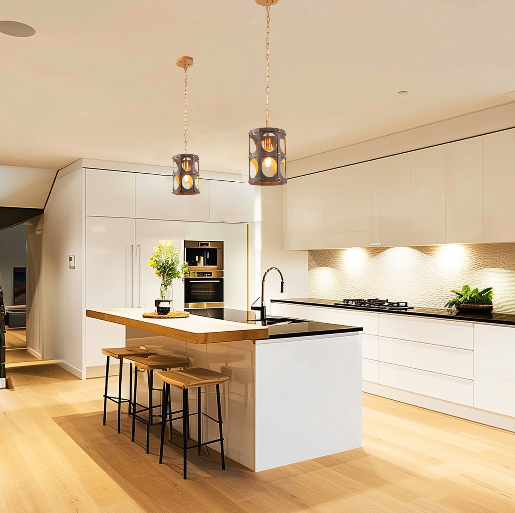 Jandcase 1-Light Wood Grain Pendant Light with Gold Rivet Accent Modern Hanging Ceiling Light E26 for Kitchen Dining Room Bedroom