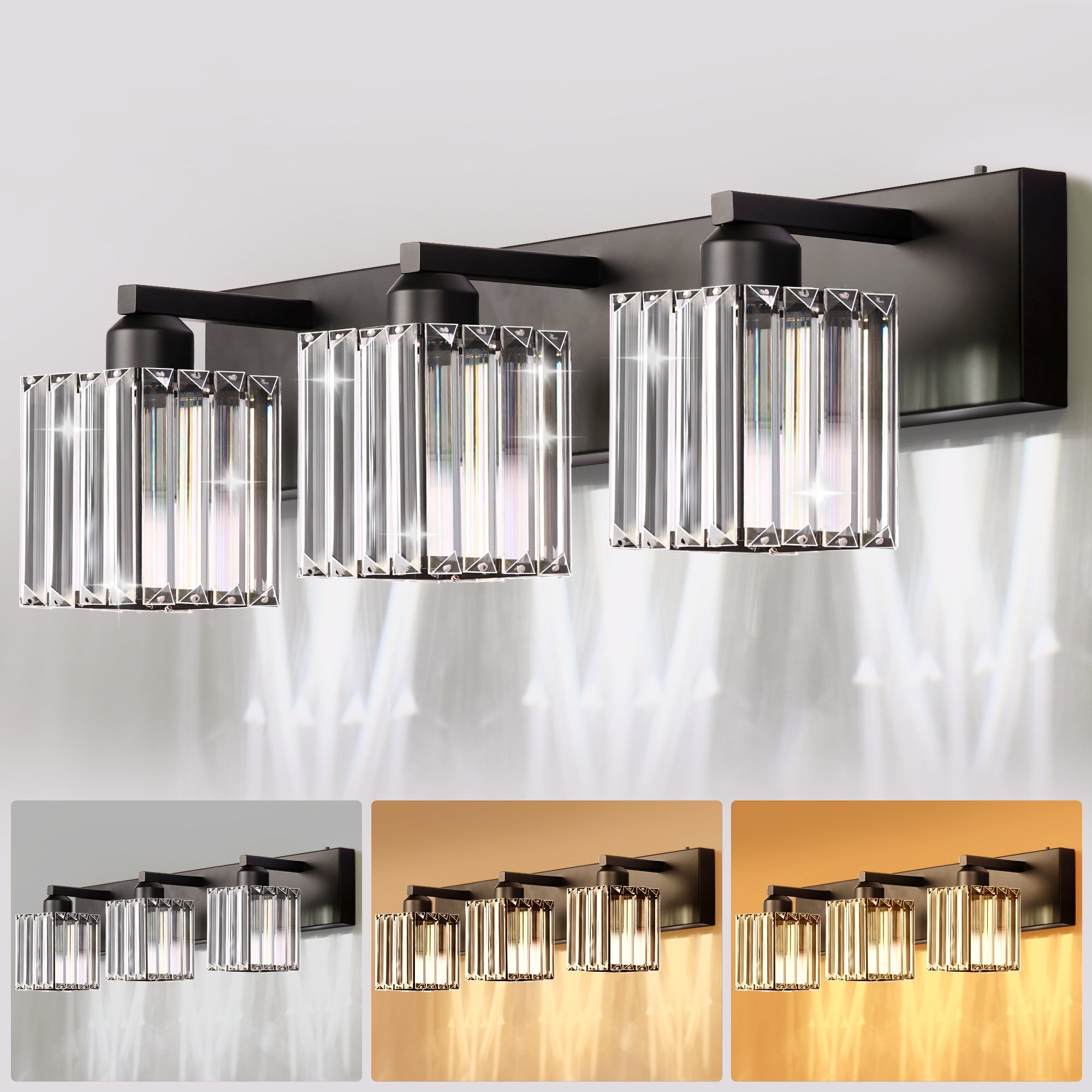Jandcase 3-Light Vanity Light with Square Crystal Shades Black Integrated LED