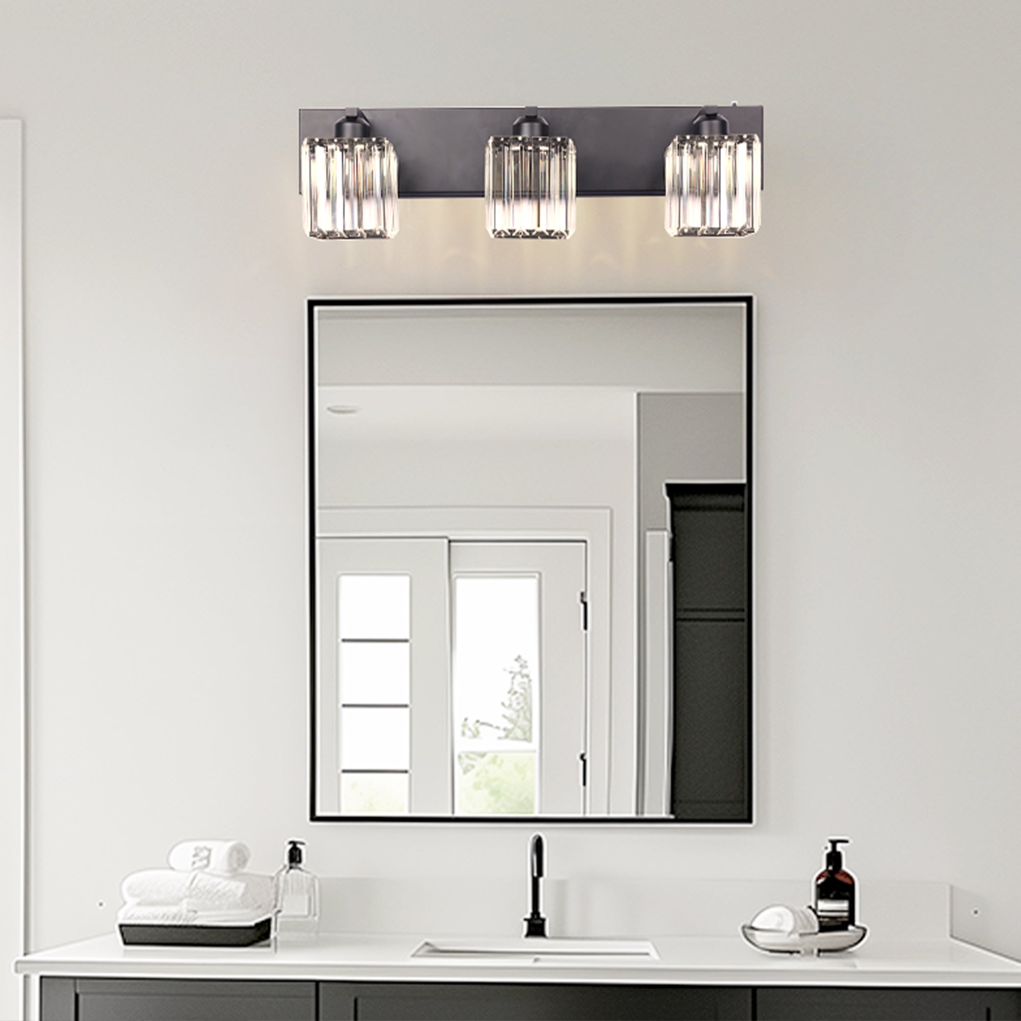 Jandcase 3-Light Vanity Light with Square Crystal Shades Black Integrated LED