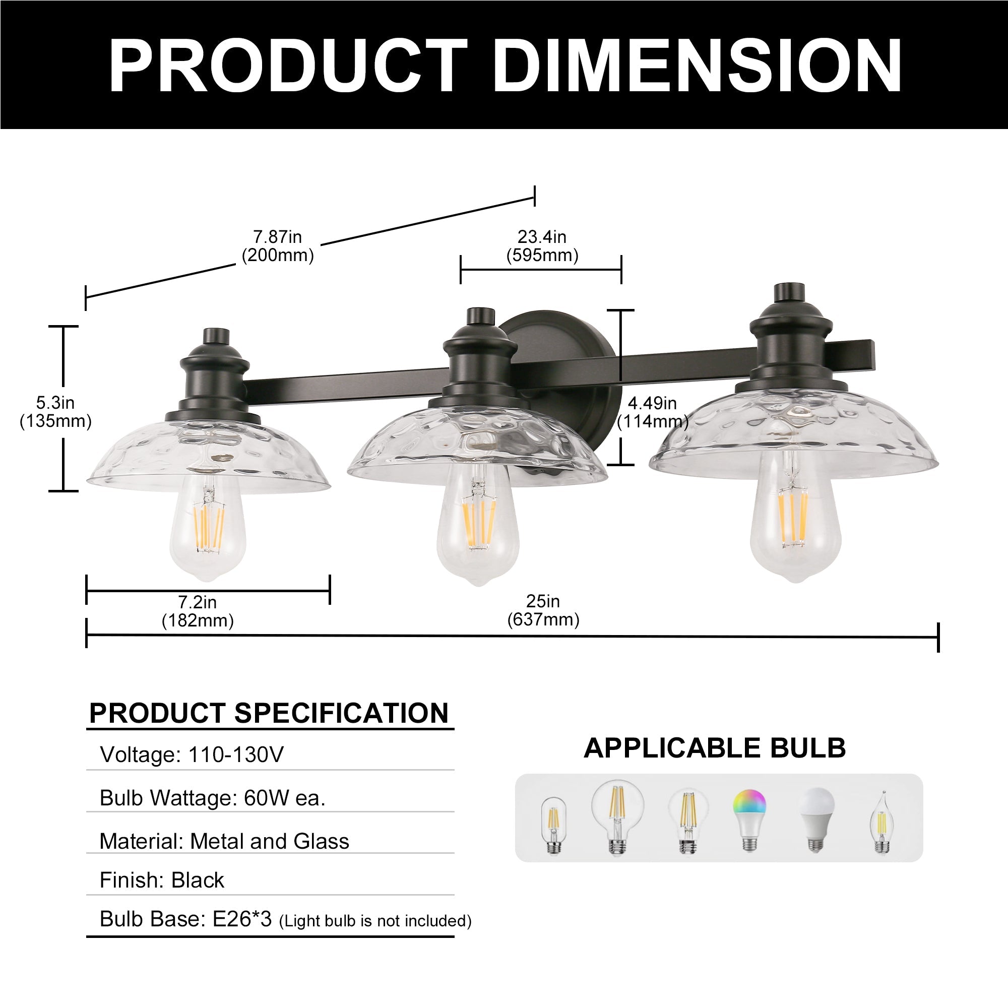 Jandcase 3-Light Black Bathroom Vanity Light Fixture Modern Wall Sconce E26 Mirror Lighting