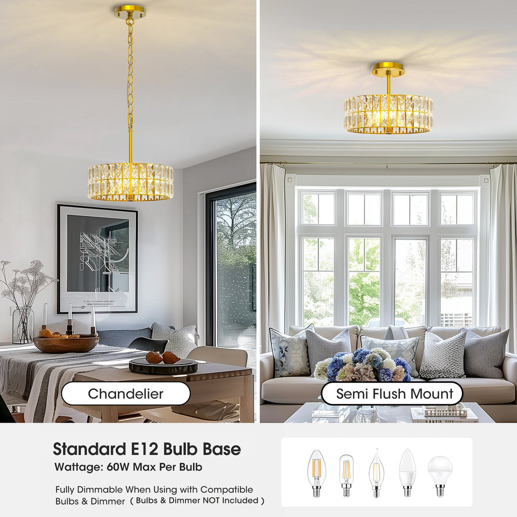 Jandcase 3-Light Gold Drum Chandelier with Crystal Glass Soft Shade for Dining Room, Bedroom with No Bulbs Included