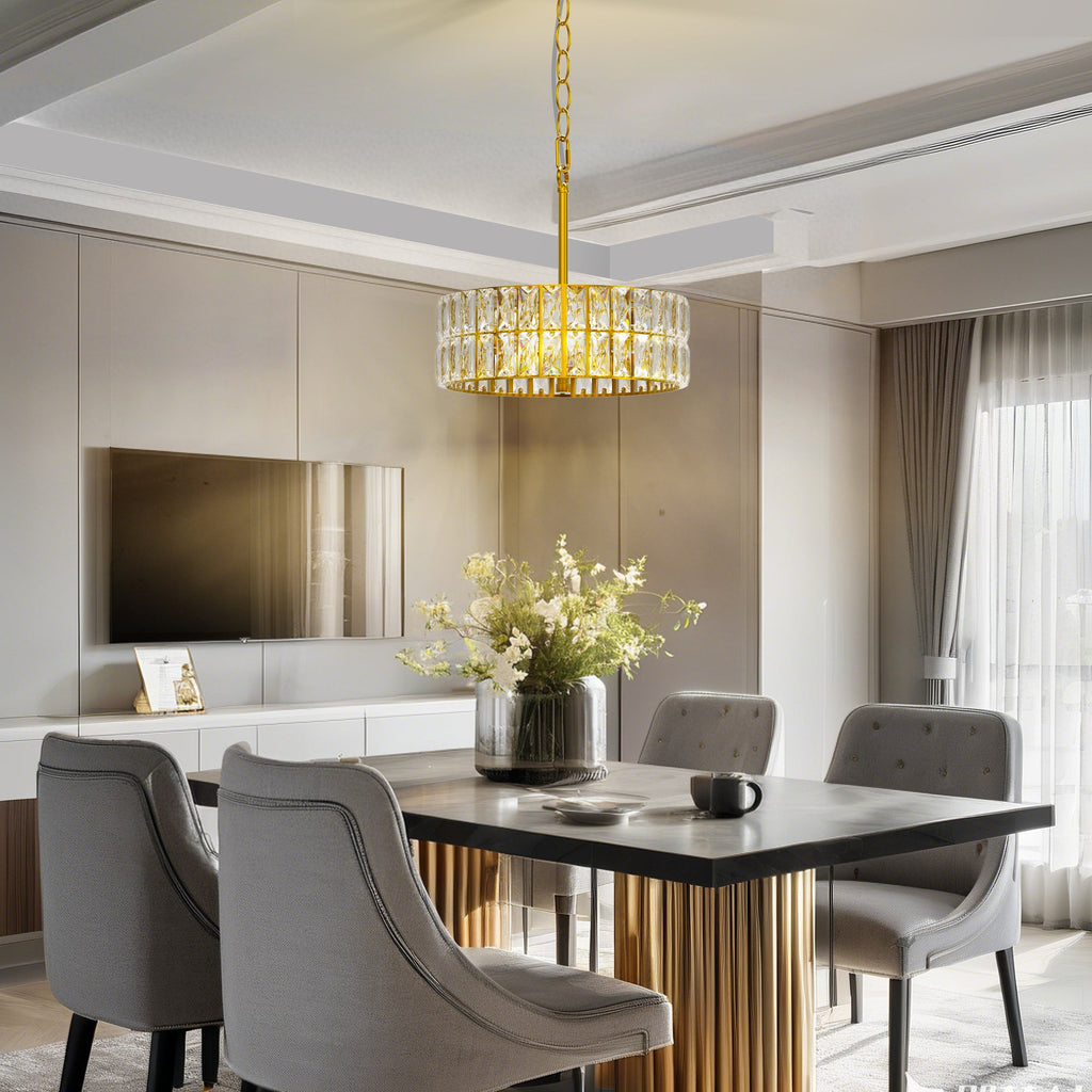 Jandcase 3-Light Gold Drum Chandelier with Crystal Glass Soft Shade for Dining Room, Bedroom with No Bulbs Included
