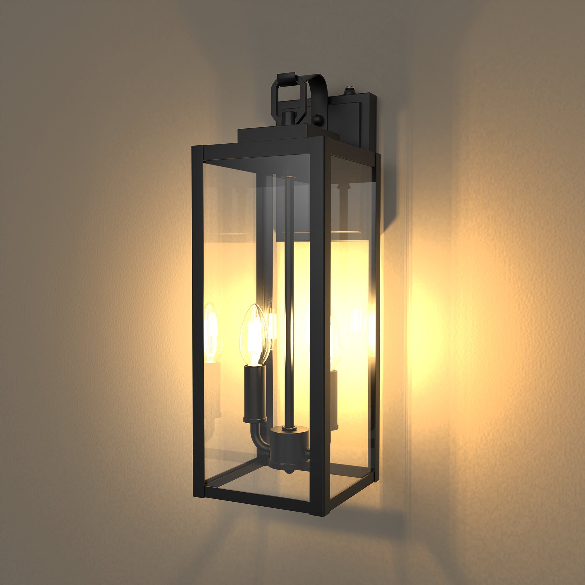 2-Pack Black Lantern Outdoor Wall Sconce with Motion Sensor and Clear Glass, E26 Base, IP23, No Bulbs Included