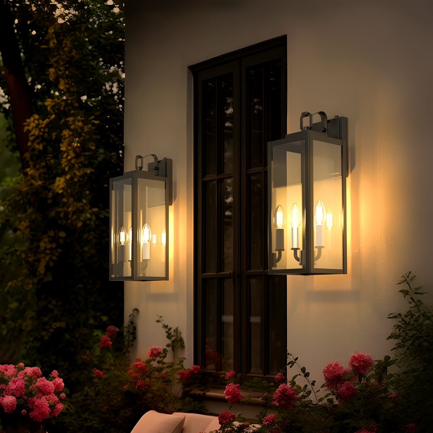 Jandcase 18 in. 2-Light Black and White Dusk to Dawn Outdoor Wall Sconce, Exterior Lantern Wall Light with Glass Shade 2-Packs