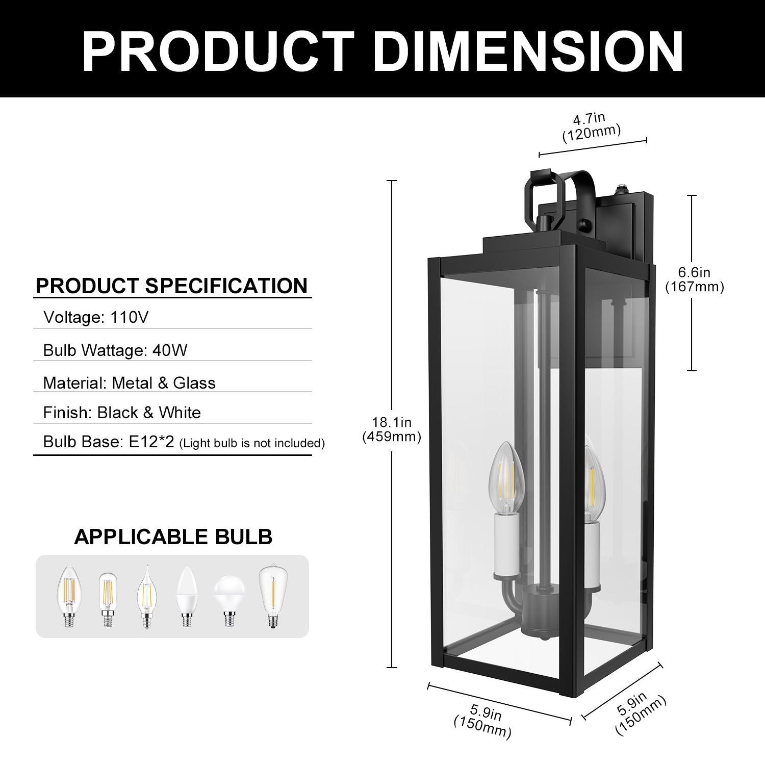 Jandcase 18 in. 2-Light Black and White Dusk to Dawn Outdoor Wall Sconce, Exterior Lantern Wall Light with Glass Shade 2-Packs