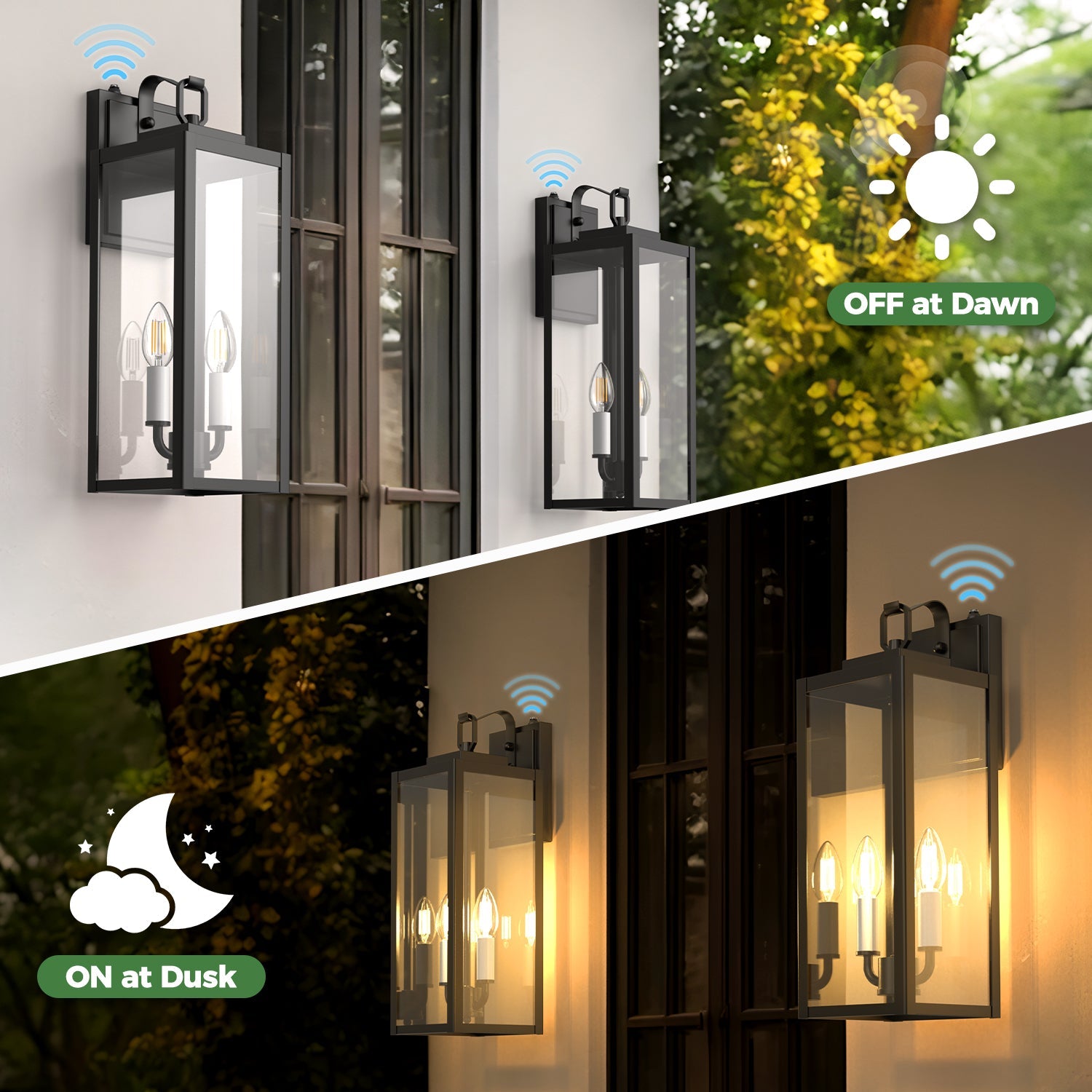 Jandcase 18 in. 2-Light Black and White Dusk to Dawn Outdoor Wall Sconce, Exterior Lantern Wall Light with Glass Shade 2-Packs