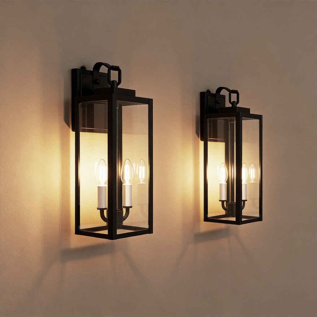Jandcase 18 in. 2-Light Black and White Dusk to Dawn Outdoor Wall Sconce, Exterior Lantern Wall Light with Glass Shade 2-Packs