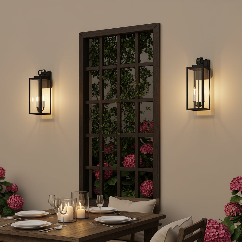 Jandcase 18 in. 2-Light Black and White Dusk to Dawn Outdoor Wall Sconce, Exterior Lantern Wall Light with Glass Shade 2-Packs