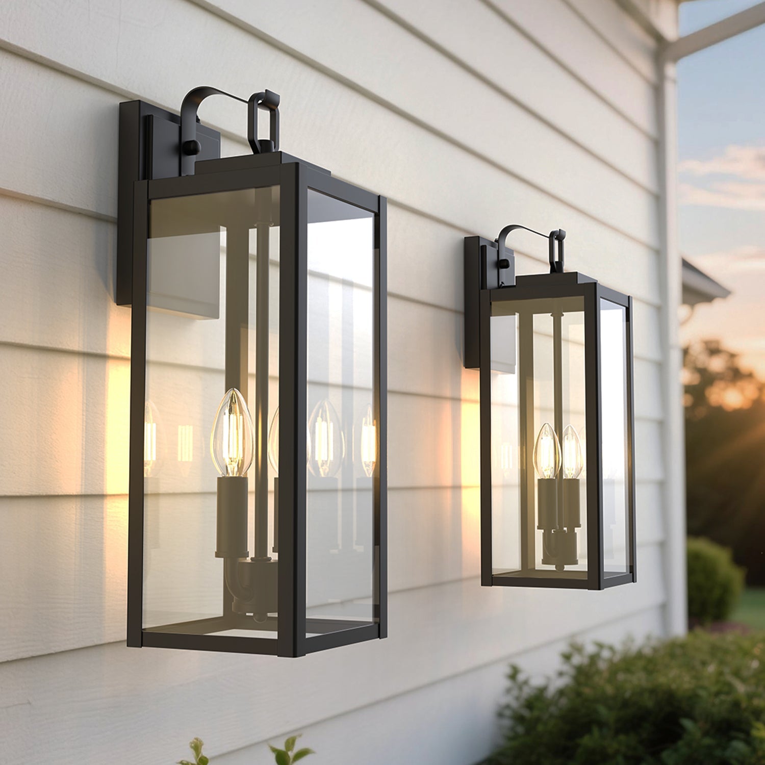 Jandcase 20 in. Matte Black Rectangular Outdoor Wall Sconce with with Clear Glass Shade and Light Sensor, (Set of 2)