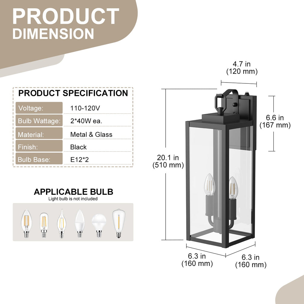 Jandcase 20 in. Matte Black Rectangular Outdoor Wall Sconce with with Clear Glass Shade and Light Sensor, (Set of 2)