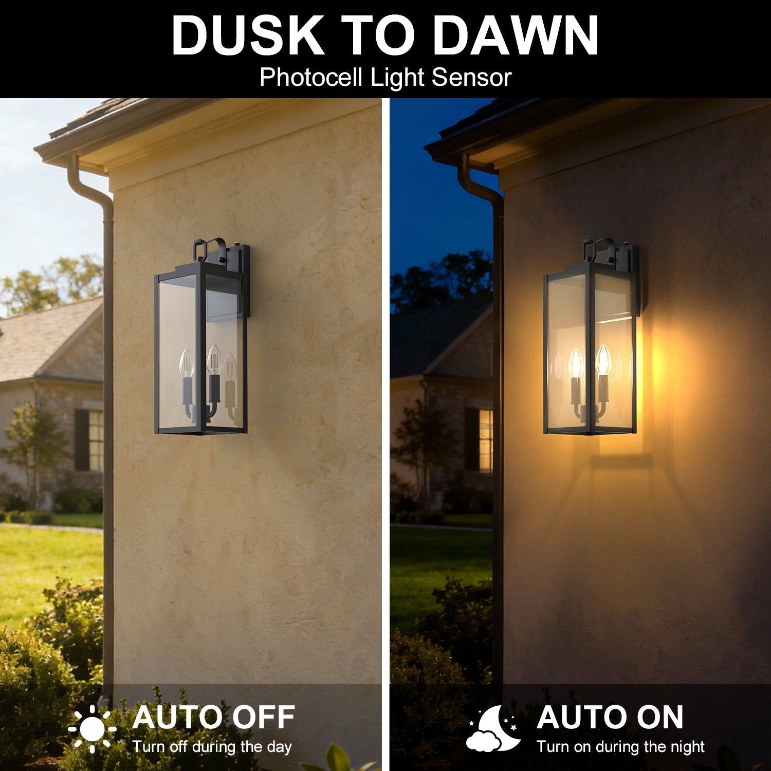 Jandcase 20 in. Matte Black Rectangular Outdoor Wall Sconce with with Clear Glass Shade and Light Sensor, (Set of 2)