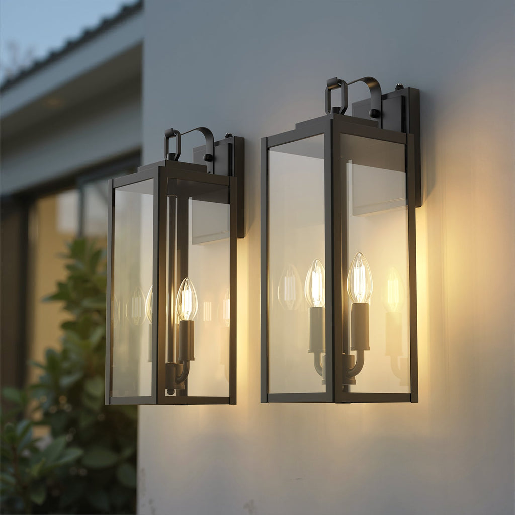 Jandcase 20 in. Matte Black Rectangular Outdoor Wall Sconce with with Clear Glass Shade and Light Sensor, (Set of 2)