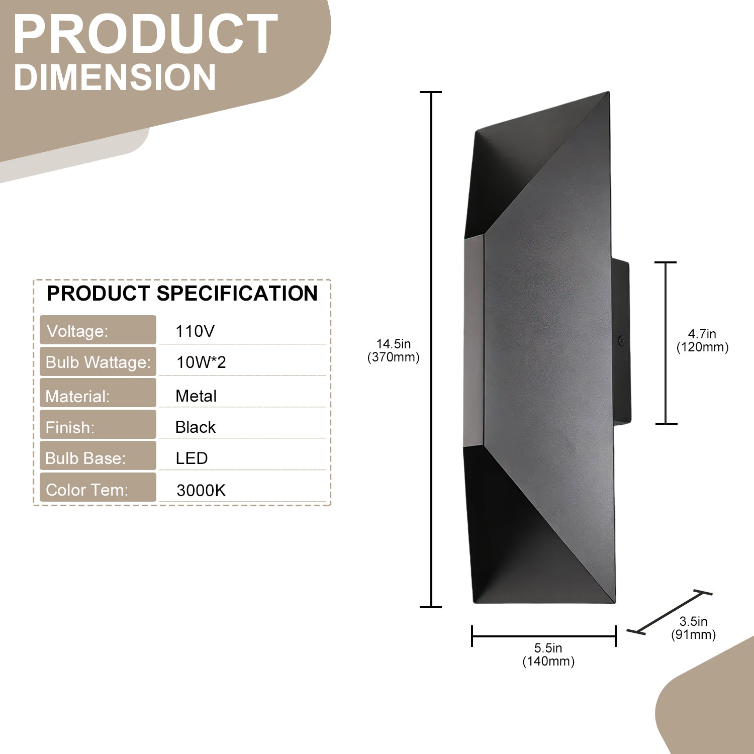 Jandcase 10-Watt Sand Black Square Diamond-Cut Outdoor Sconce Modern Exterior Wall Light with 3000K LED, Hardwired (Set of 2)