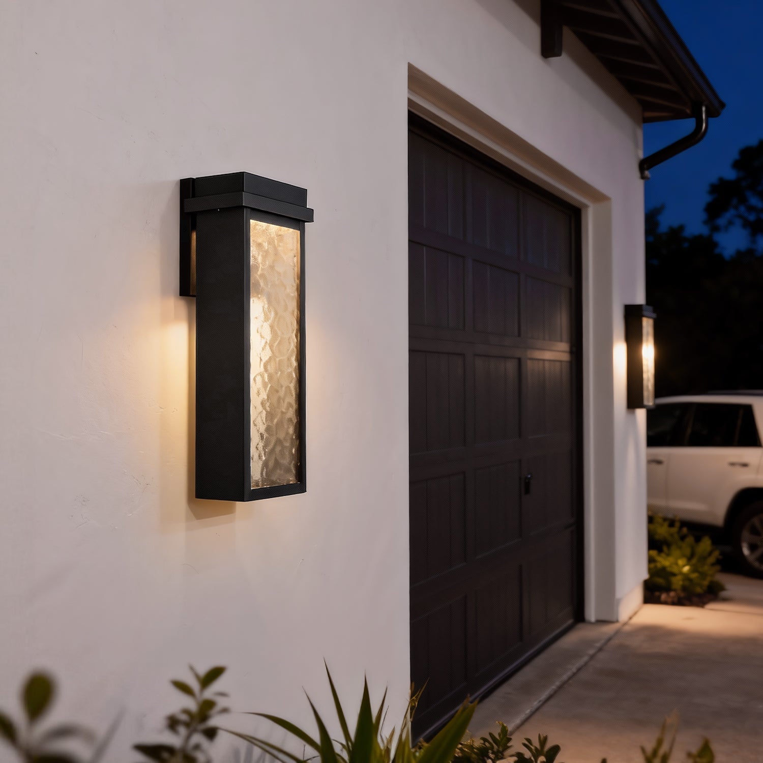 Jandcase 10-Watt Sand Black Rectangle Water Ripple Outdoor Coach Sconce with Dusk to Dawn, 3000K LED, (Set of 2) for Entries