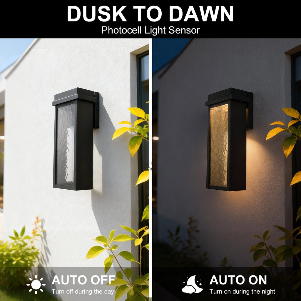 Jandcase 10-Watt Sand Black Rectangle Water Ripple Outdoor Coach Sconce with Dusk to Dawn, 3000K LED, (Set of 2) for Entries