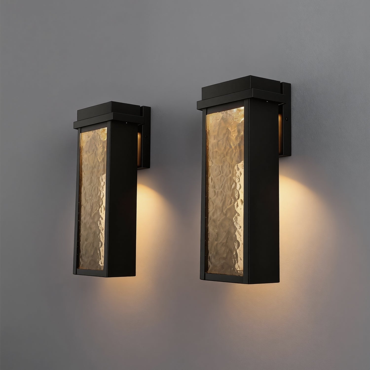 Jandcase 10-Watt Sand Black Rectangle Water Ripple Outdoor Coach Sconce with Dusk to Dawn, 3000K LED, (Set of 2) for Entries