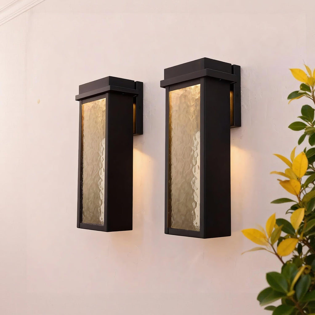 Jandcase 10-Watt Sand Black Rectangle Water Ripple Outdoor Coach Sconce with Dusk to Dawn, 3000K LED, (Set of 2) for Entries