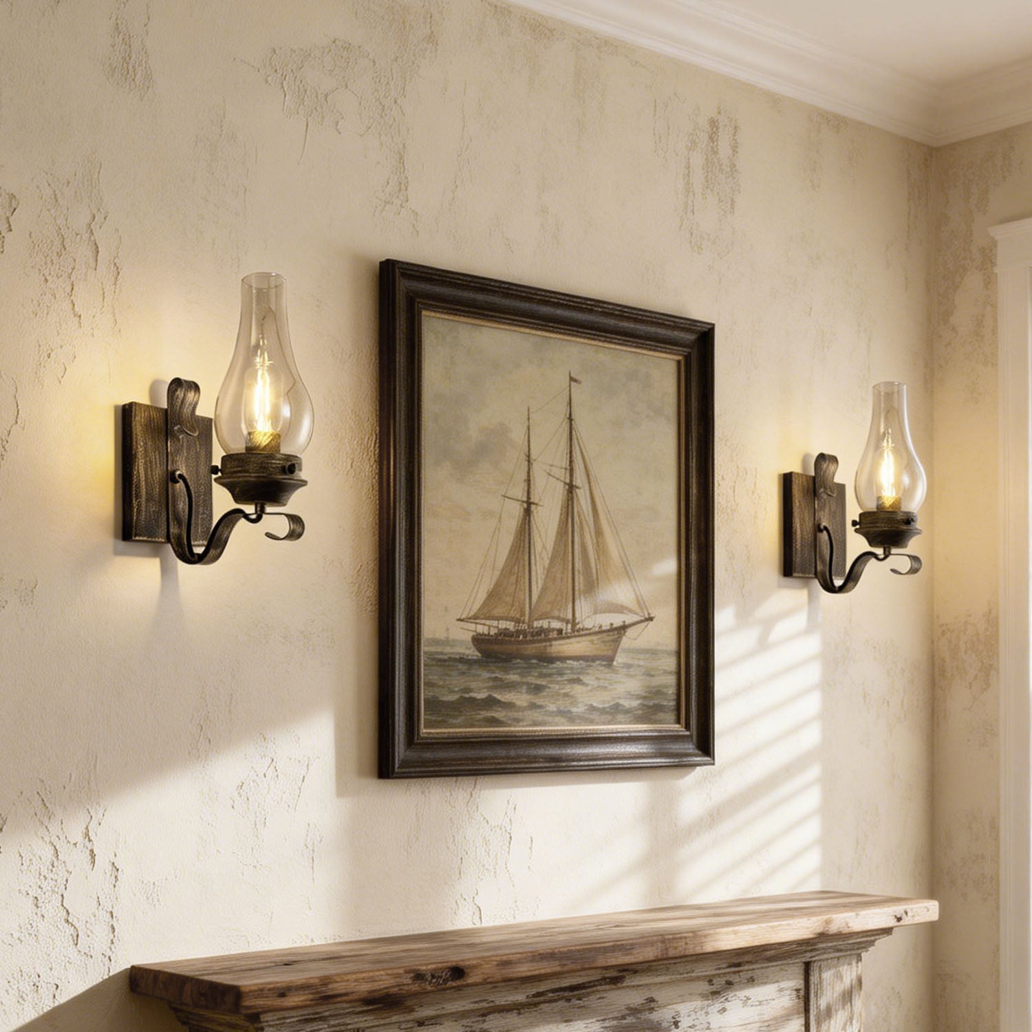 Jandcase 2-Pack Vintage Diesel Lantern Wall Sconce with Amber Glass Shade, Black & Gold Finish, E26 Base, Indoor Wall Lamp for Hallway, Bedroom, Living Room