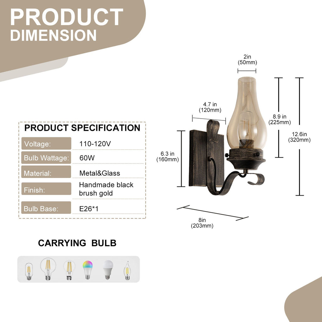 Jandcase 2-Pack Vintage Diesel Lantern Wall Sconce with Amber Glass Shade, Black & Gold Finish, E26 Base, Indoor Wall Lamp for Hallway, Bedroom, Living Room