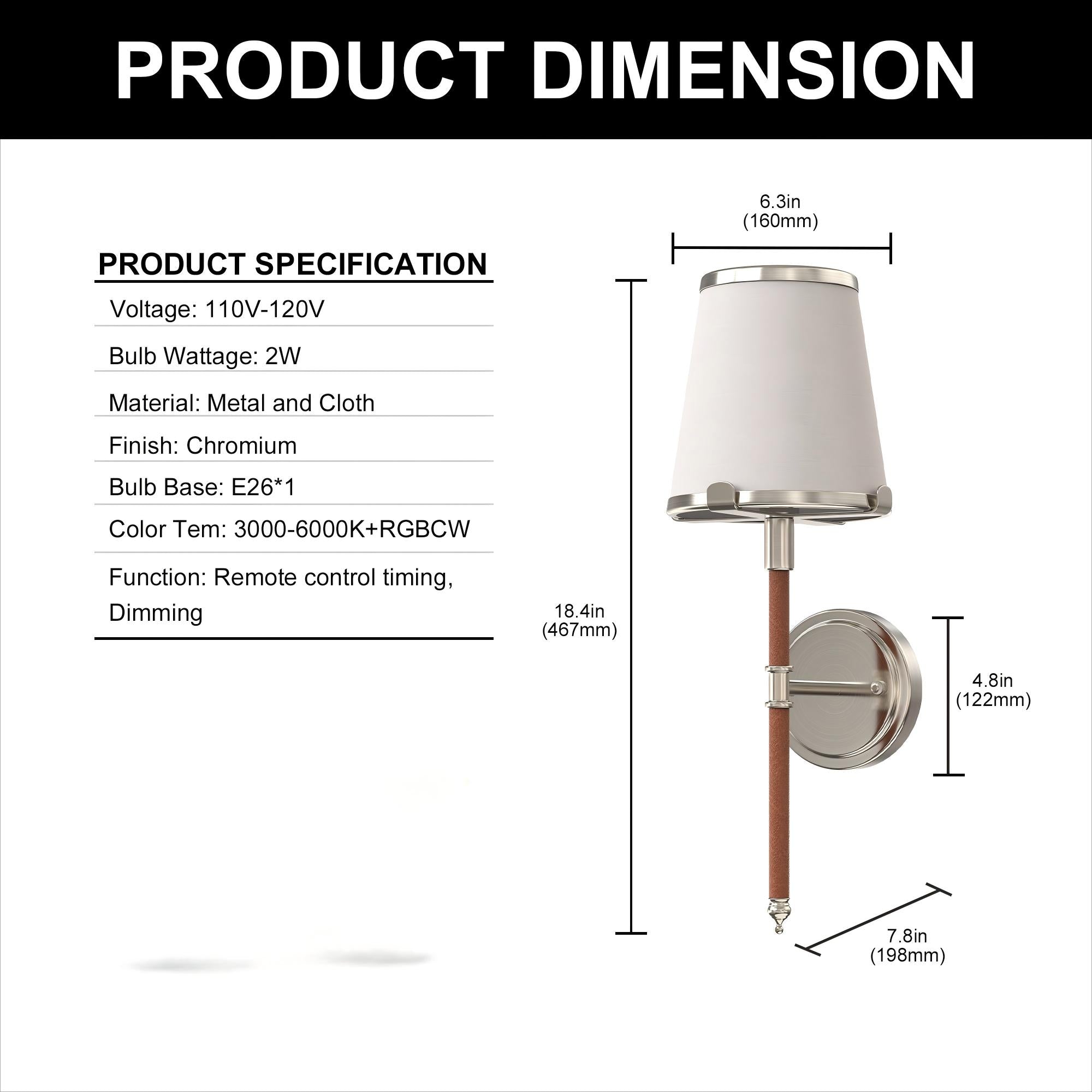 6.3 in. 2-Pack Chrome Indoor Wall Light with Octopus Claw Leather Shade and RF Remote Control, Adjustable Brightness