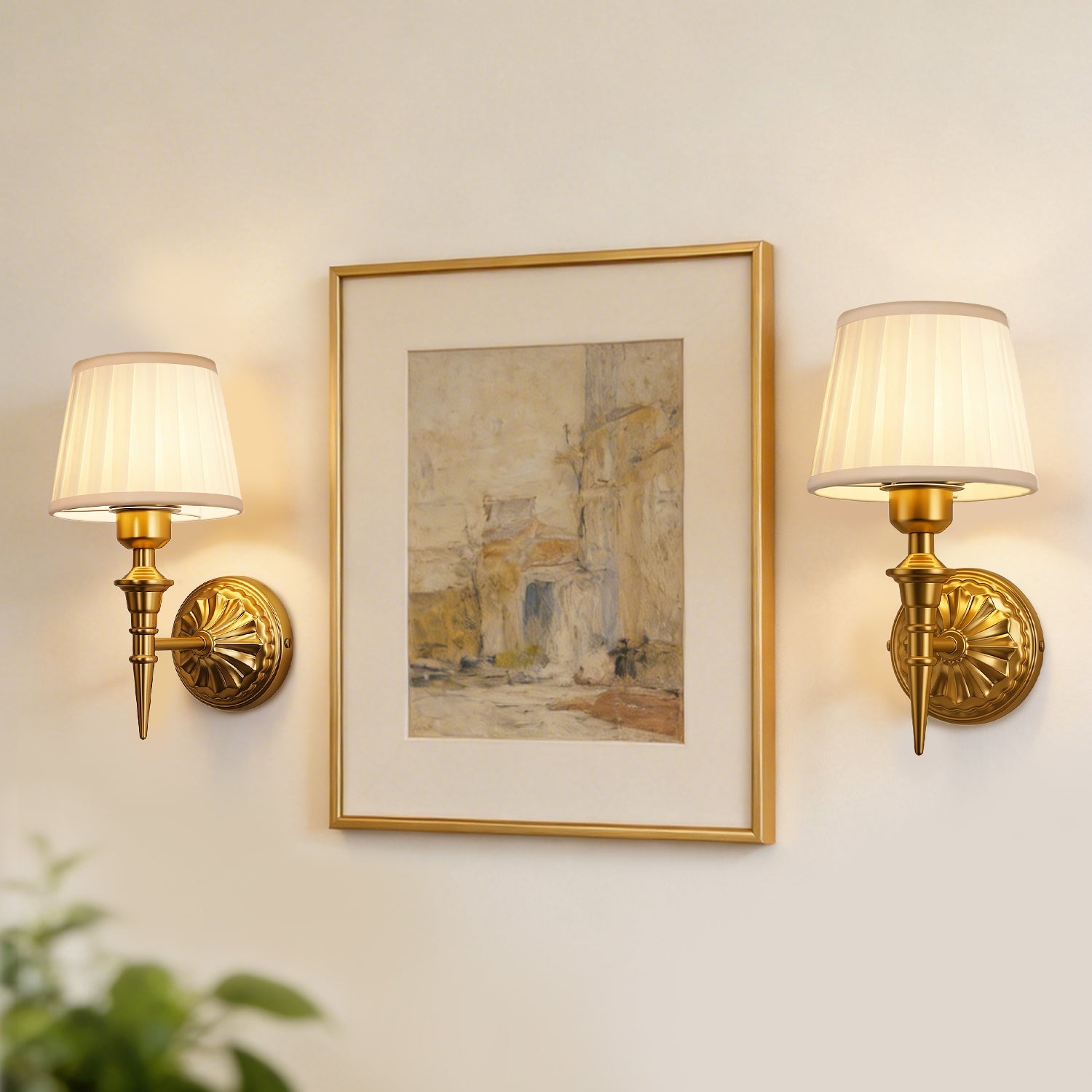 Jandcase 2-Pack Traditional Wall Sconce with Pleated Fabric Shade, Copper Finish Metal , E26 Base Indoor Wall Light for Bedroom