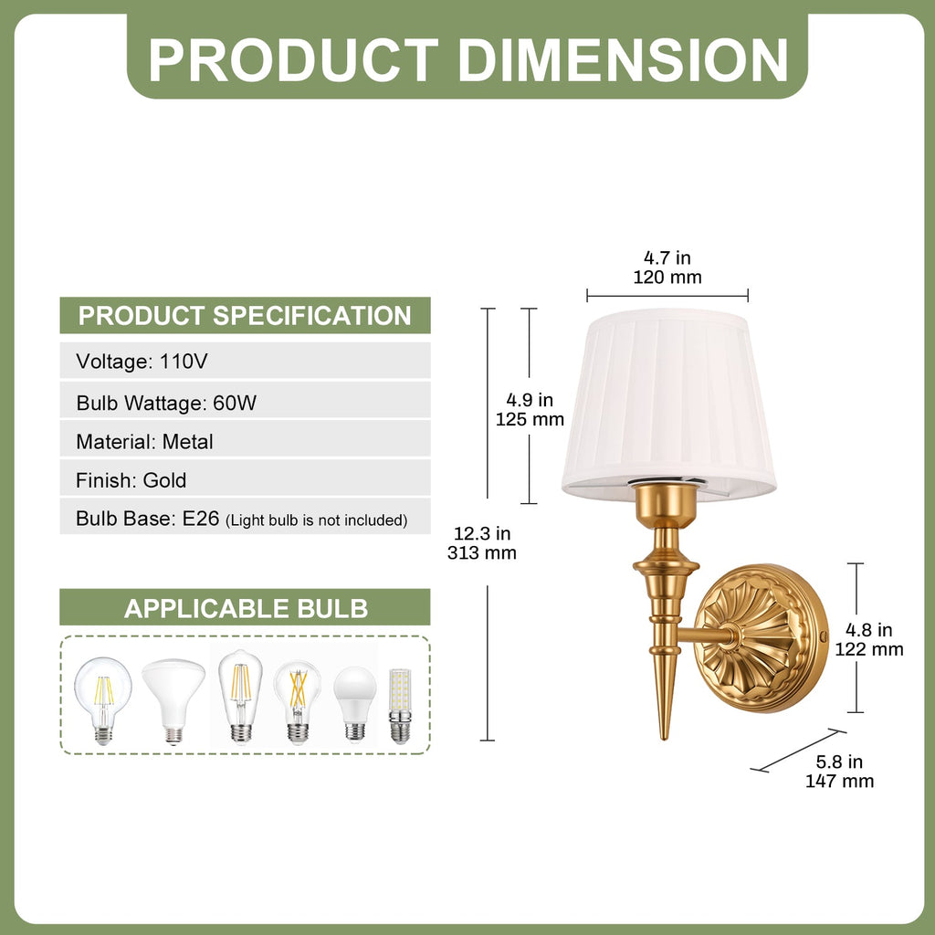 Jandcase 2-Pack Traditional Wall Sconce with Pleated Fabric Shade, Copper Finish Metal , E26 Base Indoor Wall Light for Bedroom
