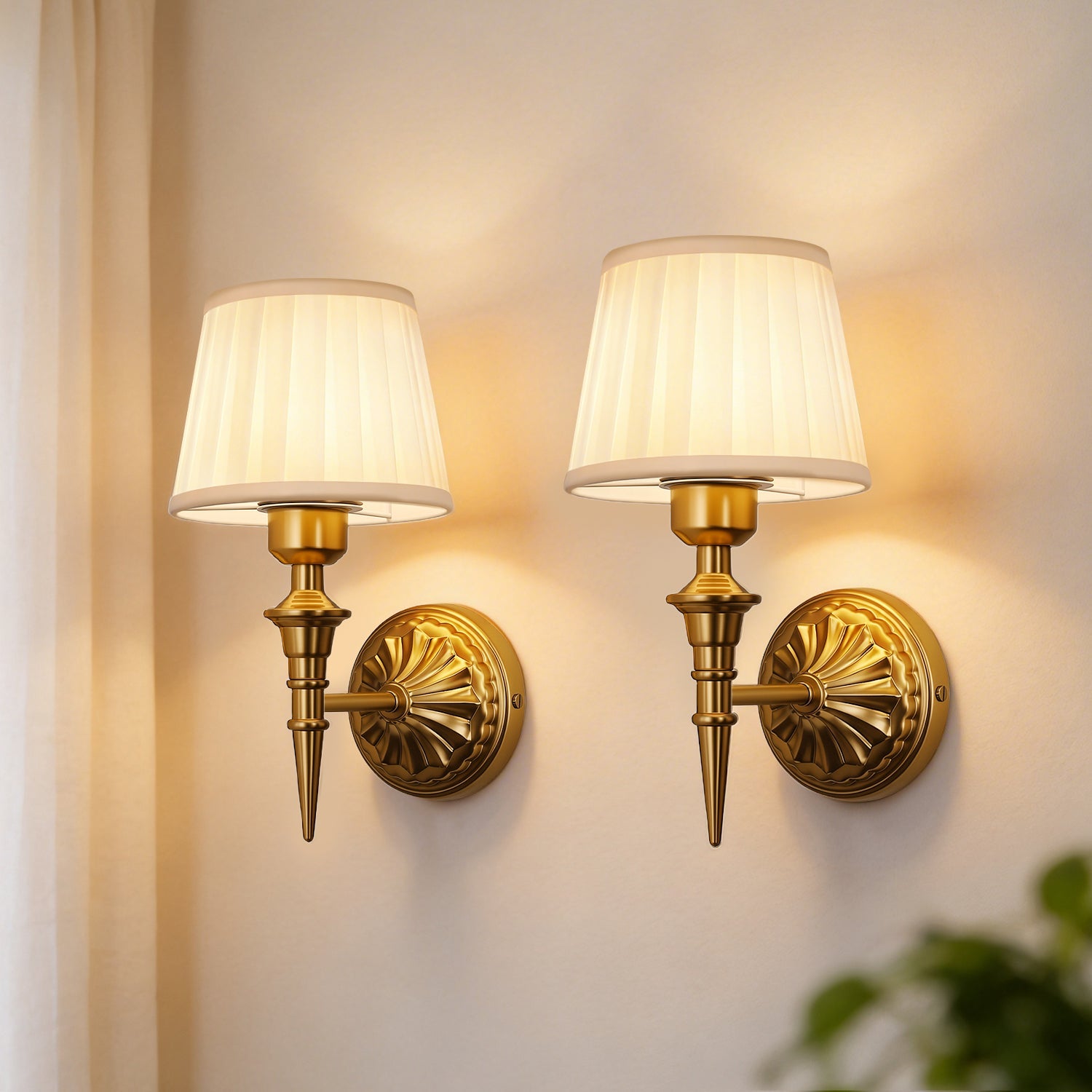 Jandcase 2-Pack Traditional Wall Sconce with Pleated Fabric Shade, Copper Finish Metal , E26 Base Indoor Wall Light for Bedroom
