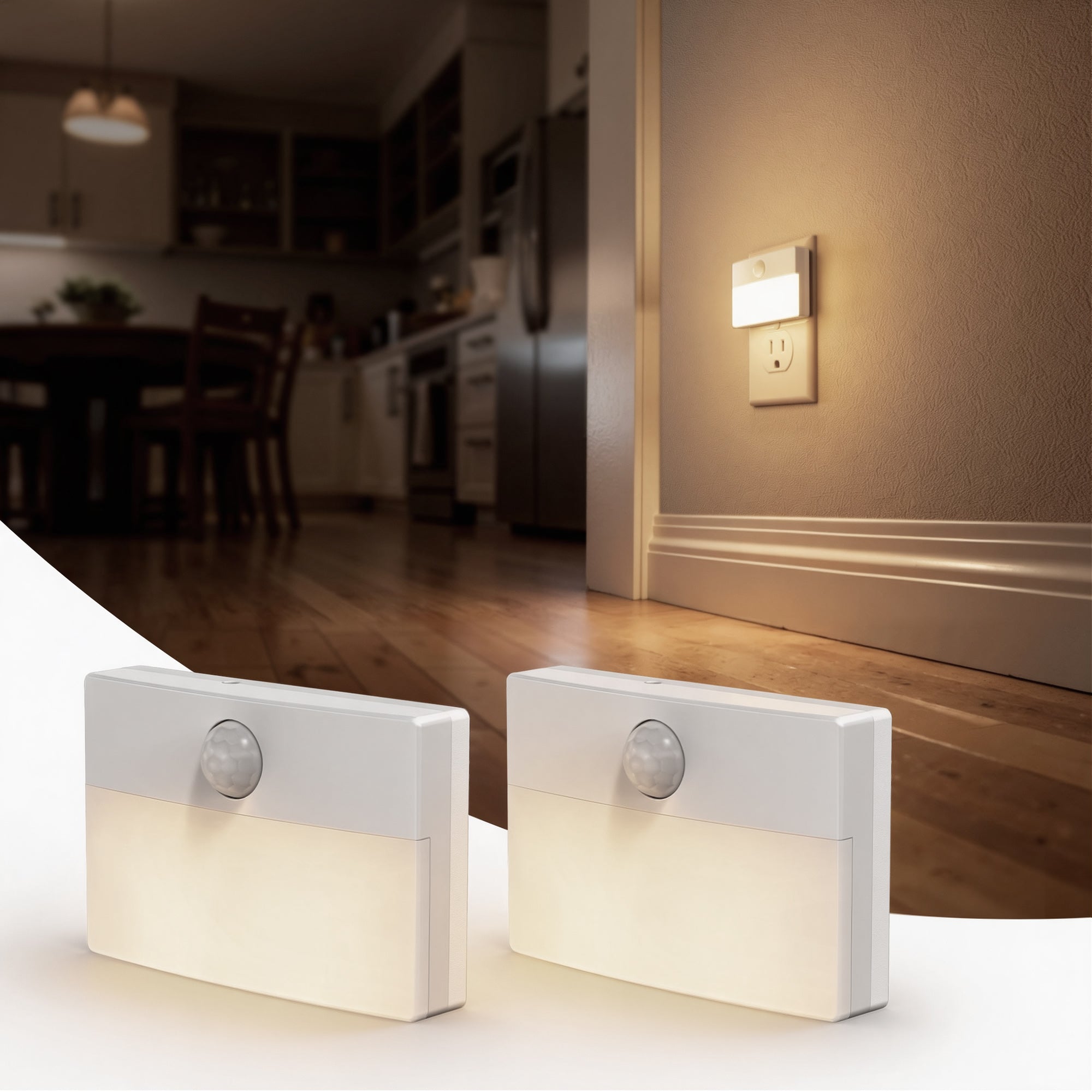 Jandcase 2-Pack Plug-in Motion Sensor Night Light 3000K Warm White Square LED Night Lamp US Plug for Hallway Bedroom Bathroom