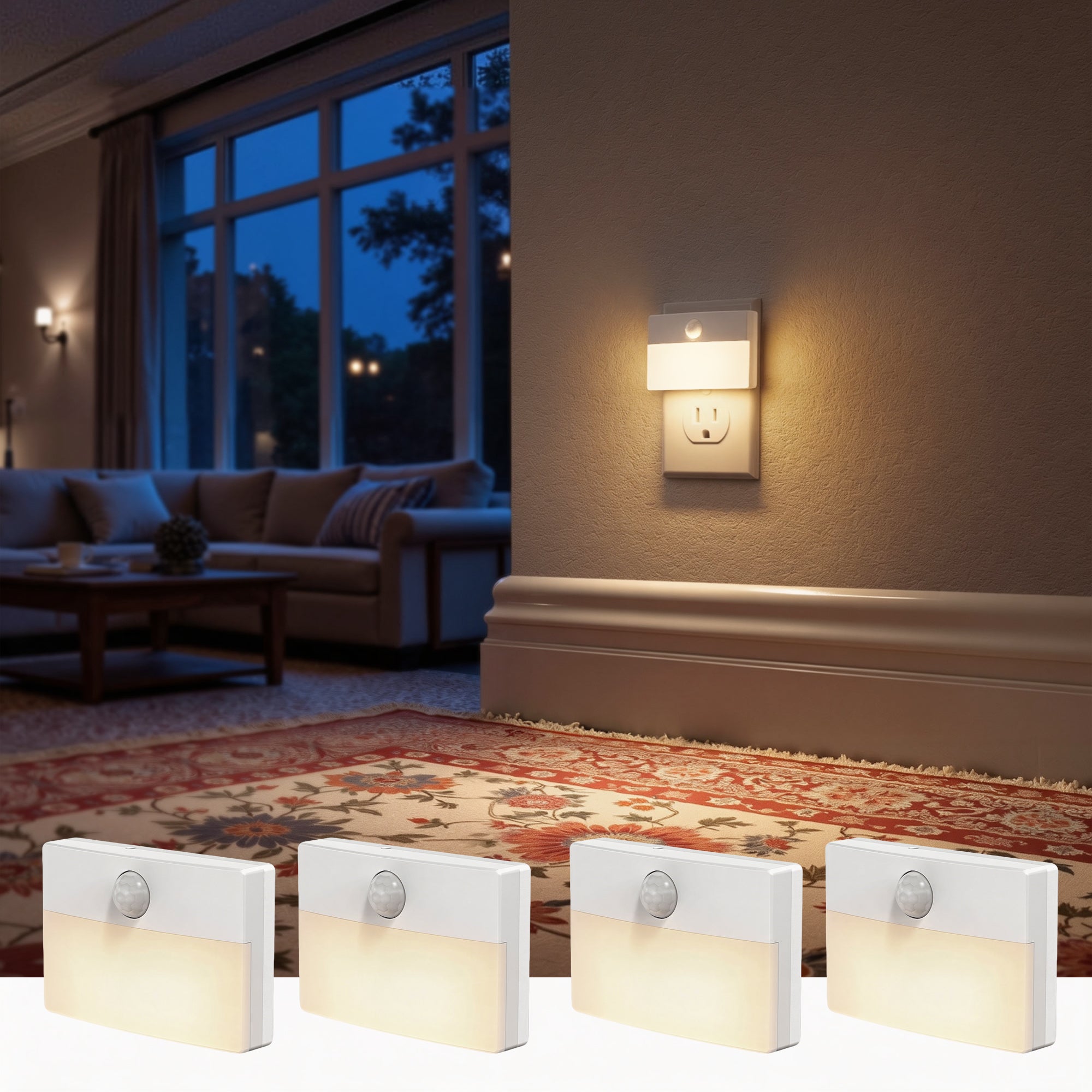 Jandcase 4-Pack Plug-in Motion Sensor Night Light Square LED 3000K Warm White 0.45W US Plug for Hallway Bedroom Bathroom