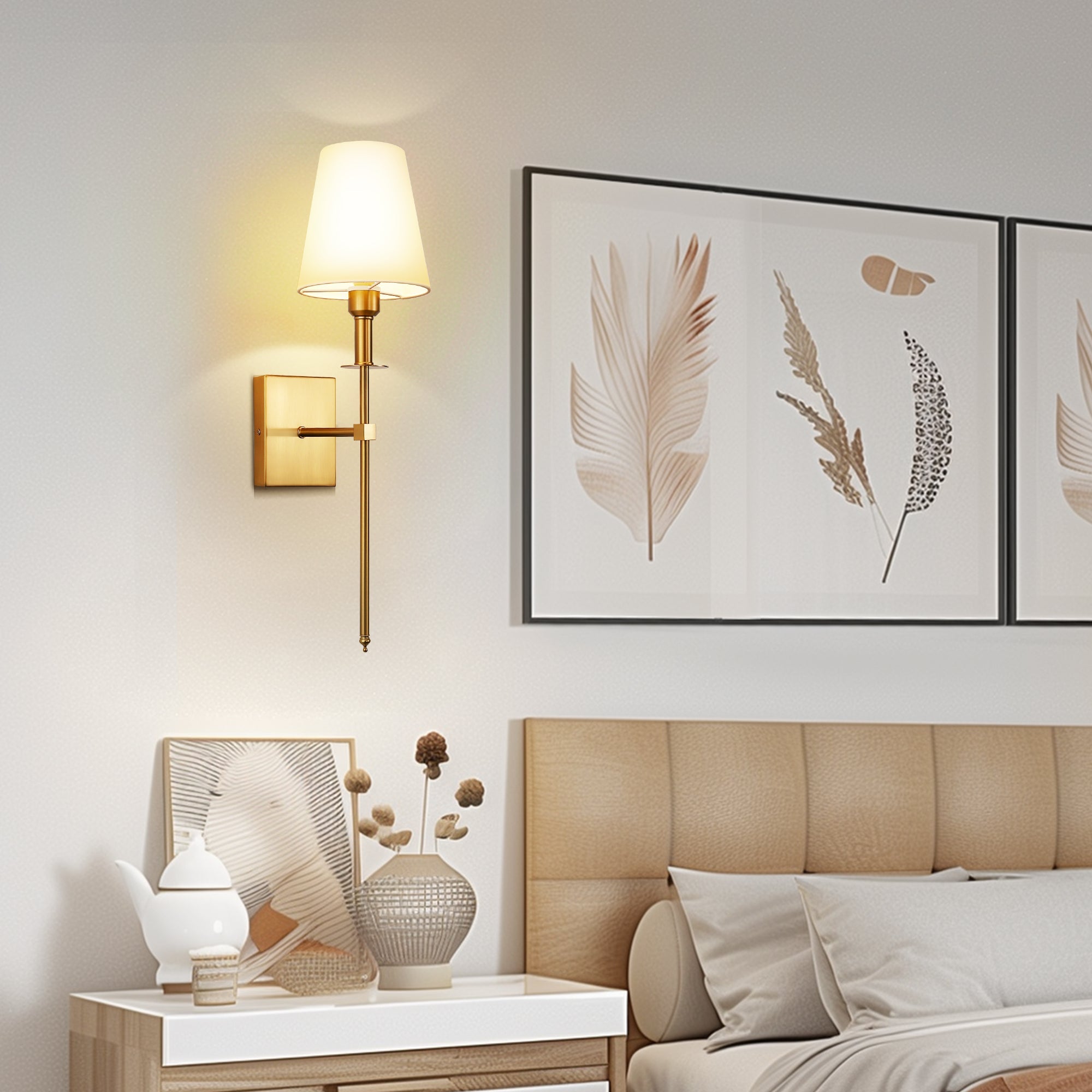 5 in. 1-Light Gold Dimmable Wall Sconces with Fabric Shades for Living Room, Foyer, or Hallway