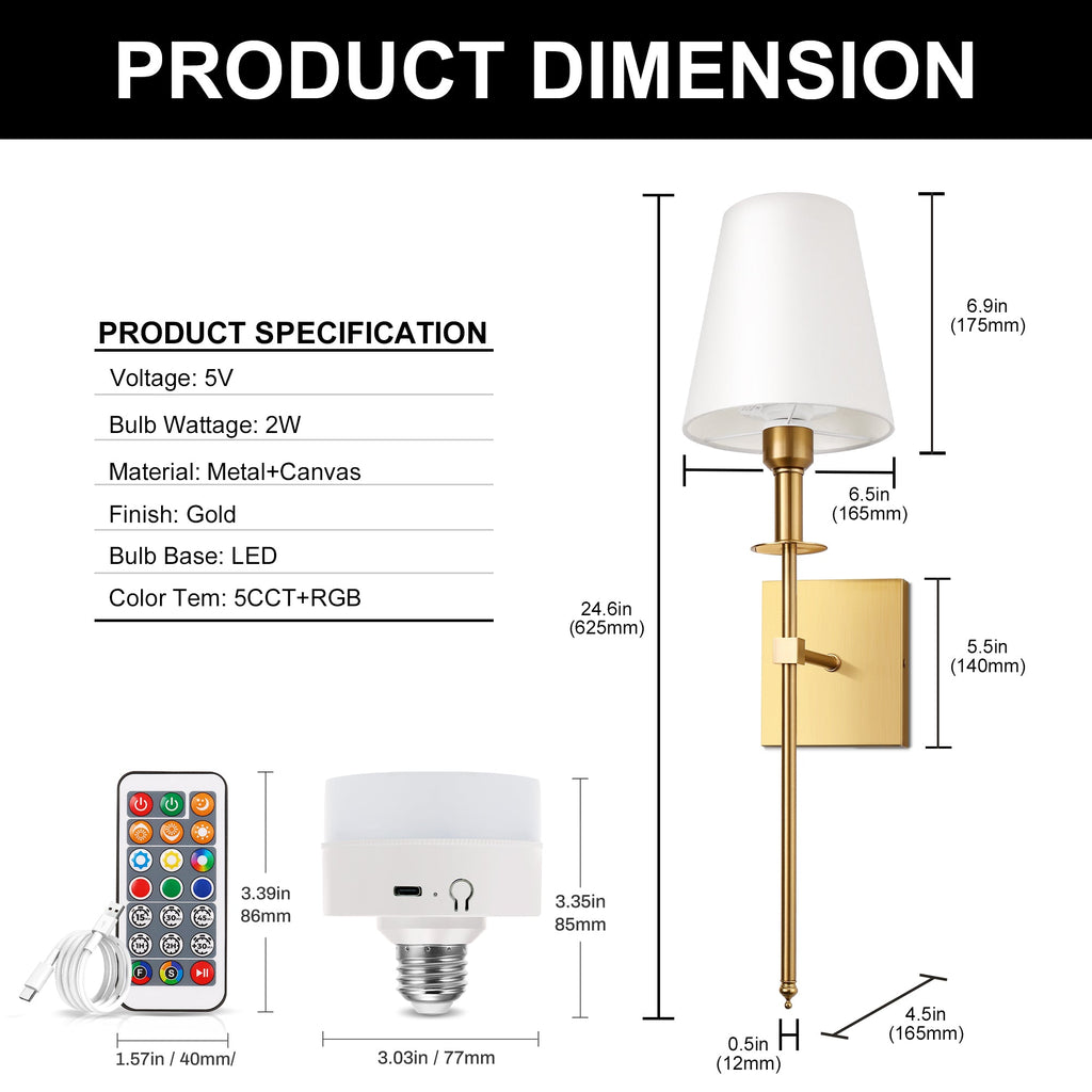 5 in. 1-Light Gold Dimmable Wall Sconces with Fabric Shades for Living Room, Foyer, or Hallway