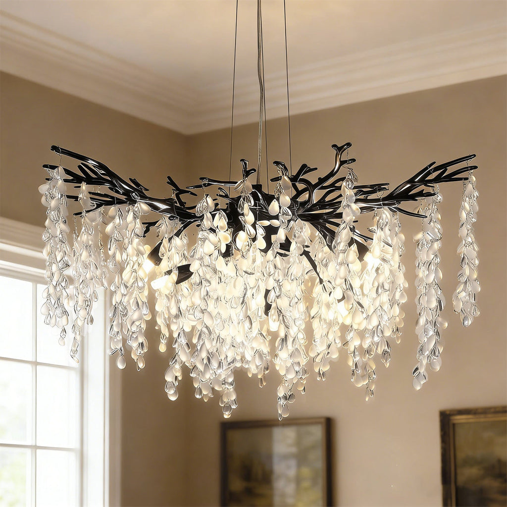 Jandcase 10-Light Matte Black Crystal Branch Chandelier with Crystal Shade, 31. 5 in. Traditional Hanging Fixture for Kitchen